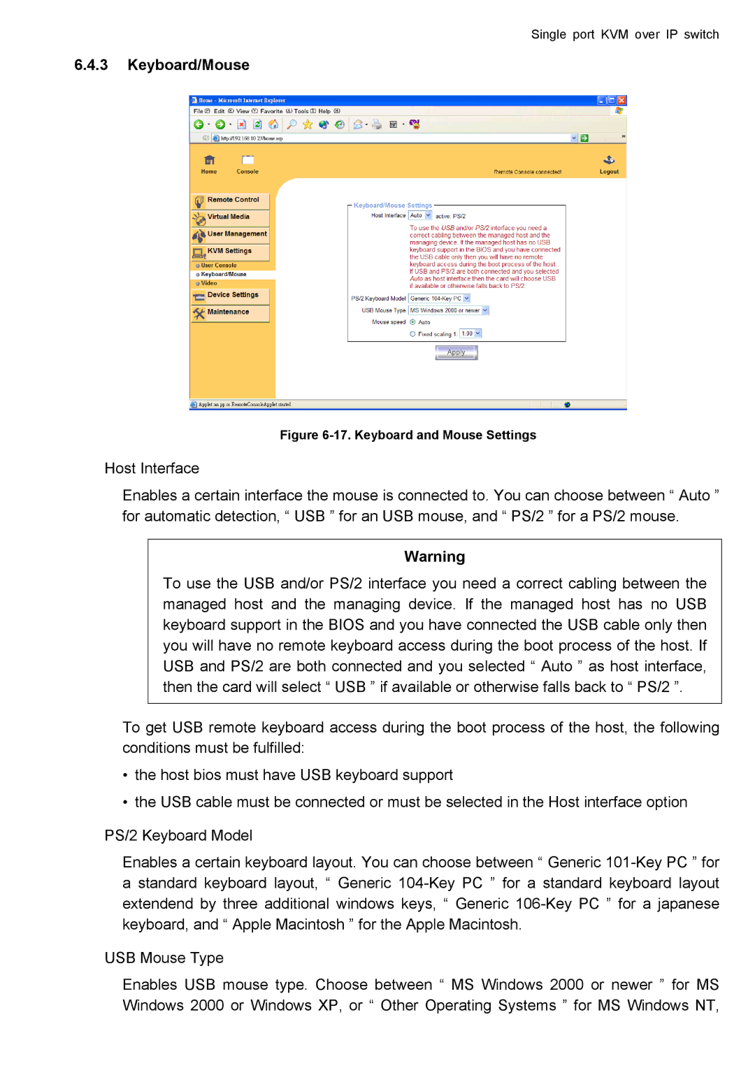 deXlan IP-KVM user manual Keyboard/Mouse, Keyboard and Mouse Settings 