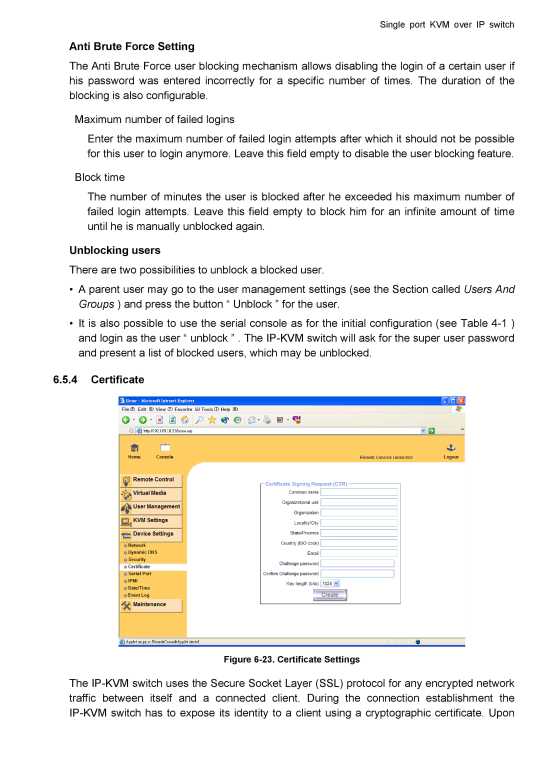 deXlan IP-KVM user manual Anti Brute Force Setting, Unblocking users, Certificate 