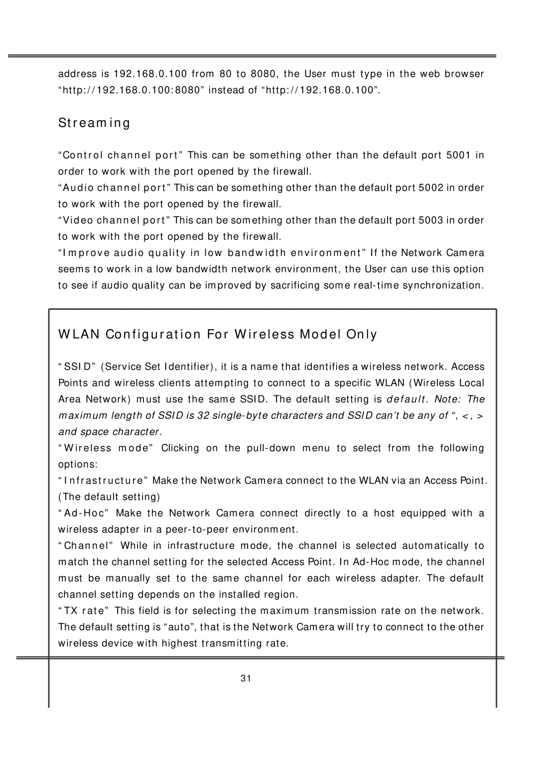 deXlan MPEG4 user manual Streaming, Wlan Configuration For Wireless Model Only 