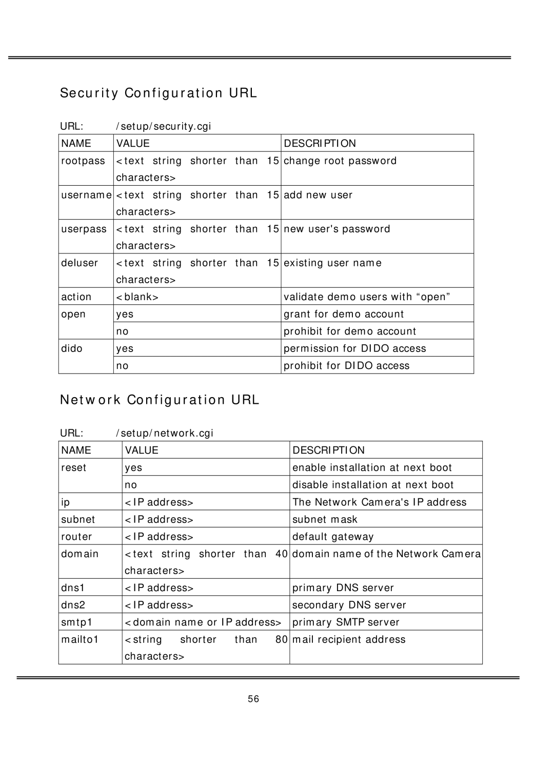 deXlan MPEG4 user manual Security Configuration URL, Network Configuration URL 