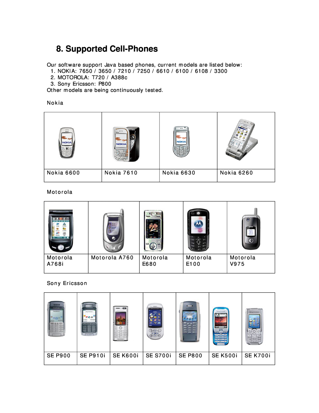deXlan PiXORD user manual Supported Cell-Phones 