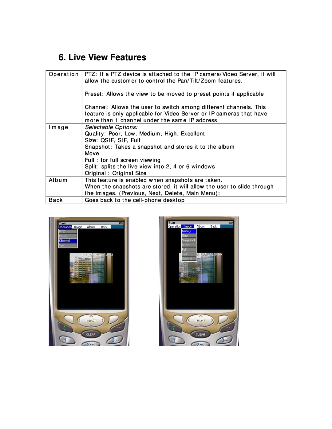 deXlan PiXORD user manual Live View Features, Operation, Image, Selectable Options, Album, Back 