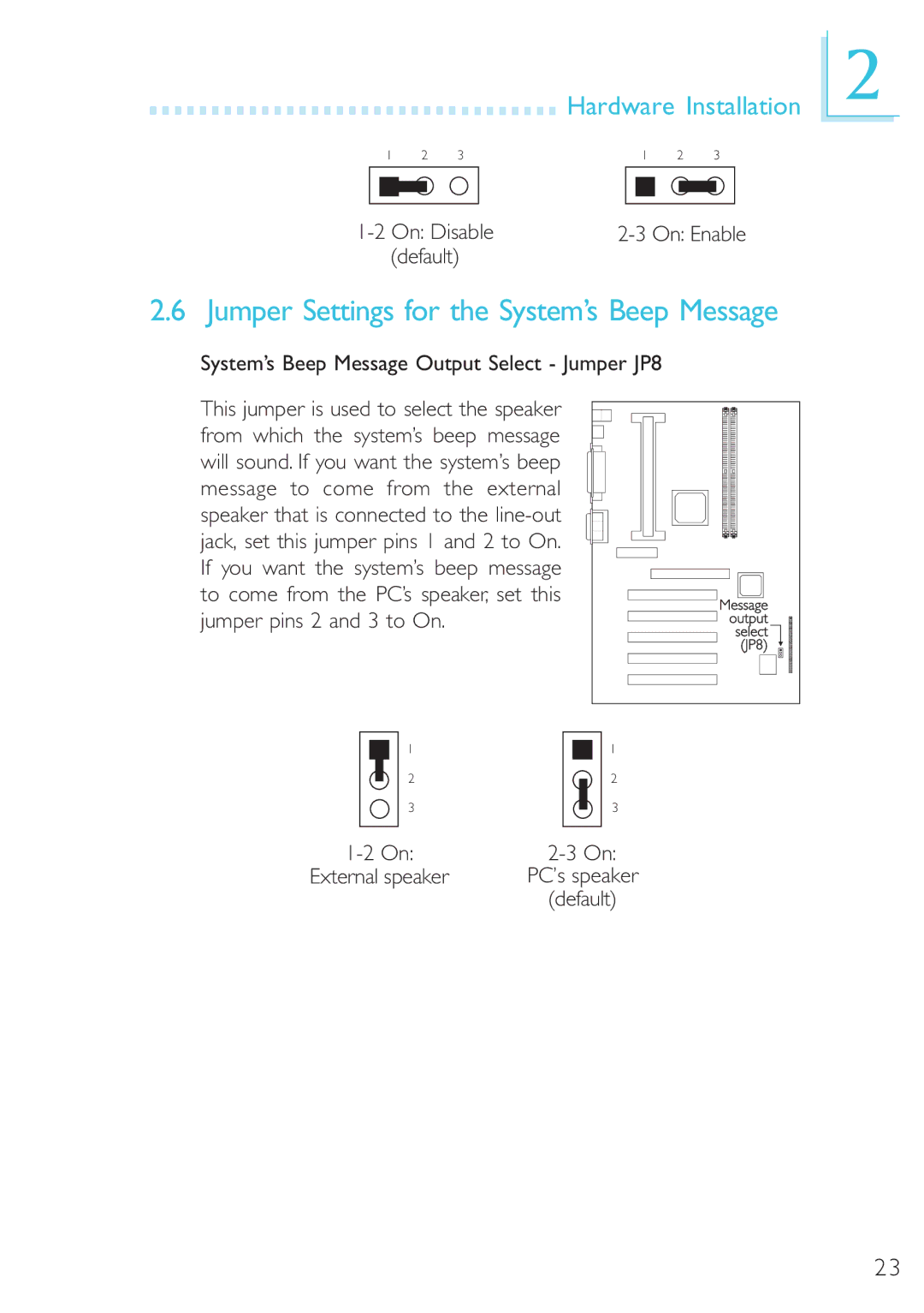 DFI 40800950 manual On Disable, Default, System’s Beep Message Output Select Jumper JP8 