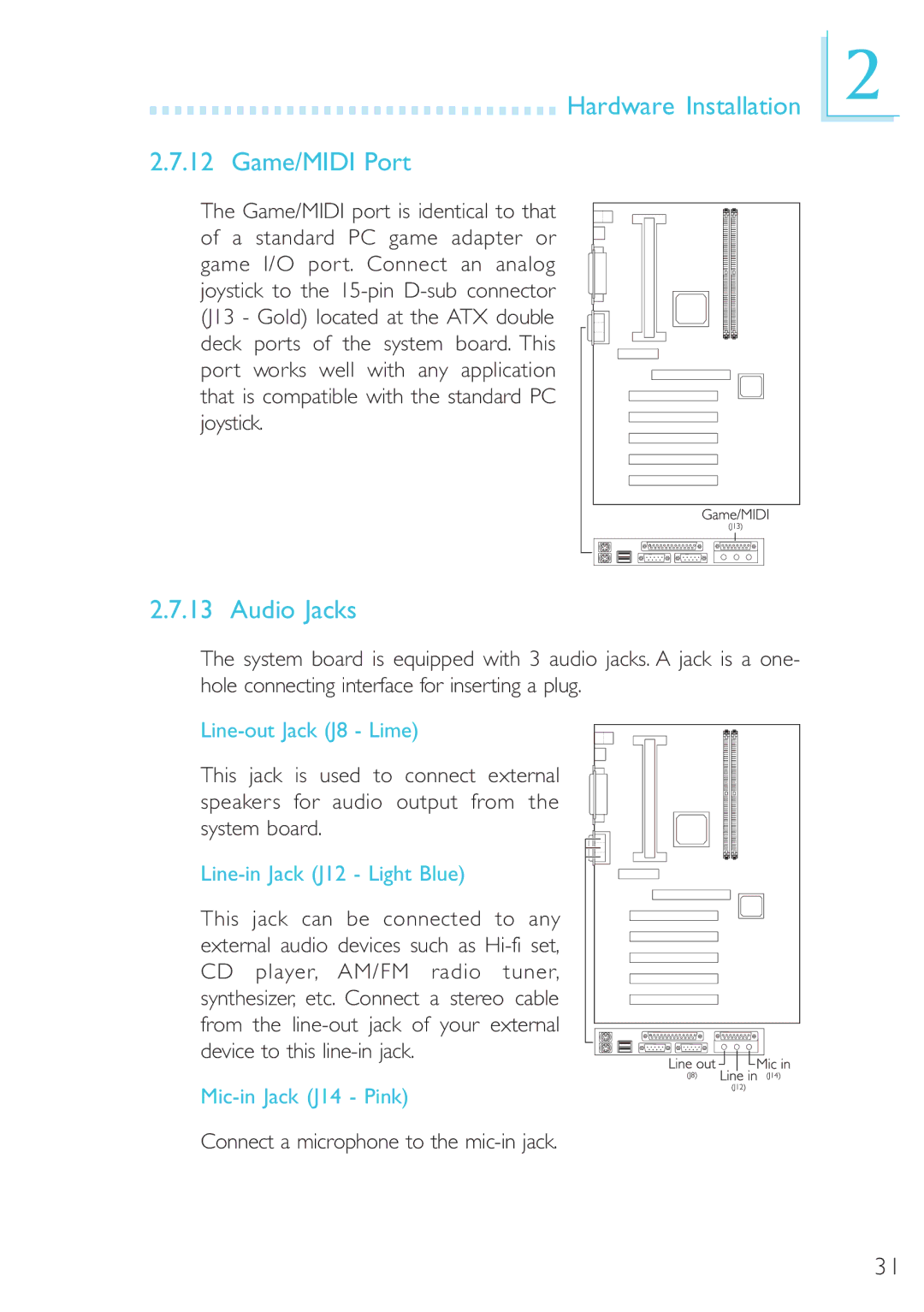 DFI 40800950 manual Hardware Installation Game/MIDI Port, Audio Jacks, Line-out Jack J8 Lime, Line-in Jack J12 Light Blue 