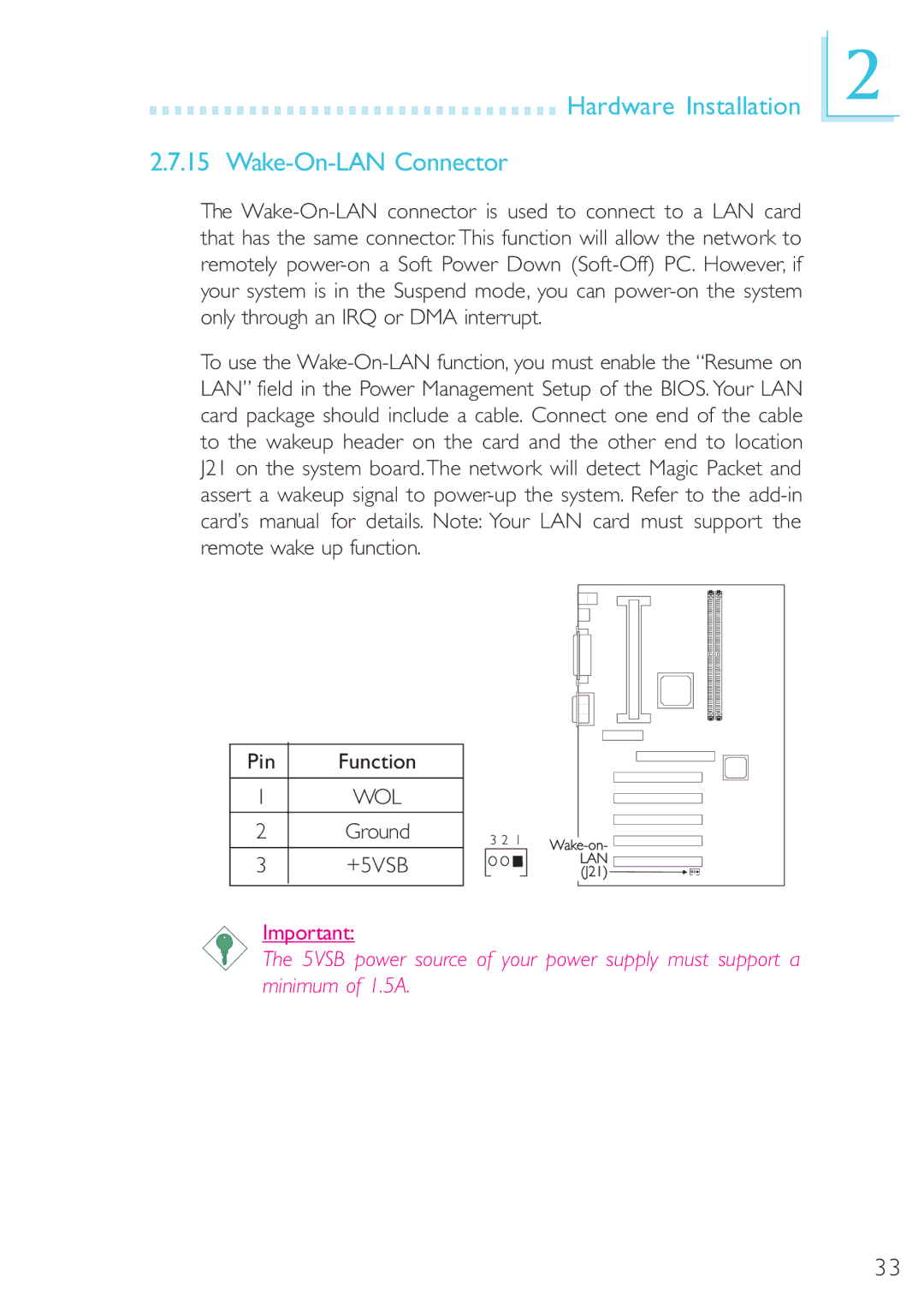 DFI 40800950 manual Hardware Installation Wake-On-LAN Connector 