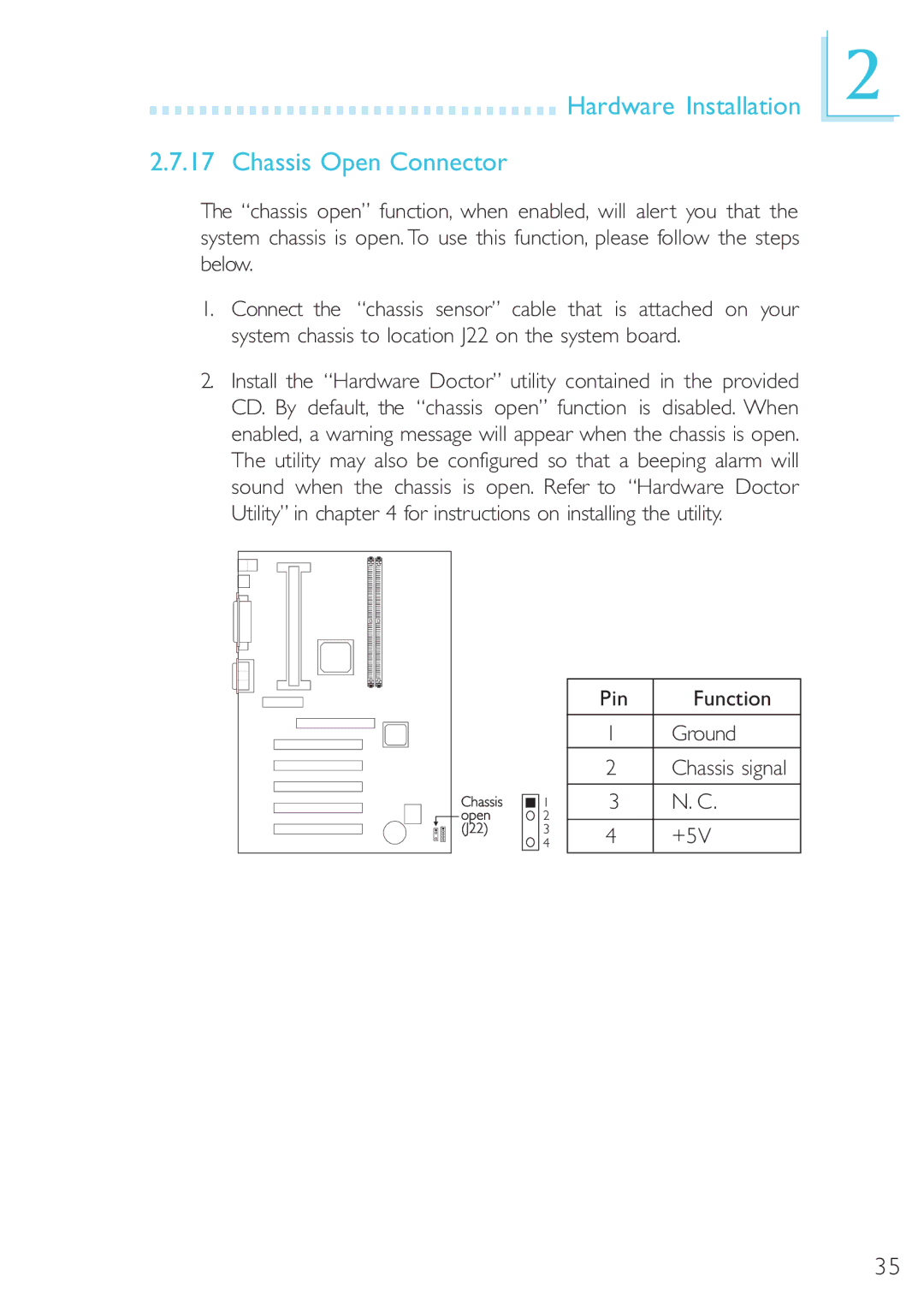 DFI 40800950 manual Hardware Installation Chassis Open Connector, Ground Chassis signal +5V 