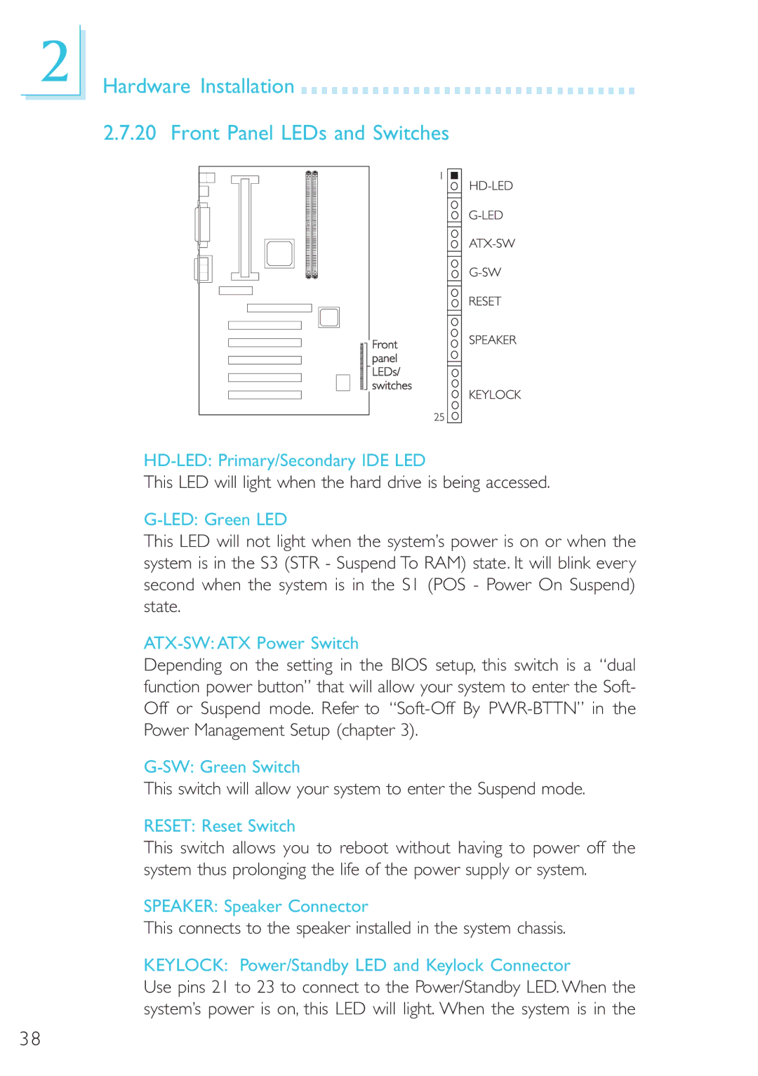 DFI 40800950 manual Hardware Installation Front Panel LEDs and Switches 