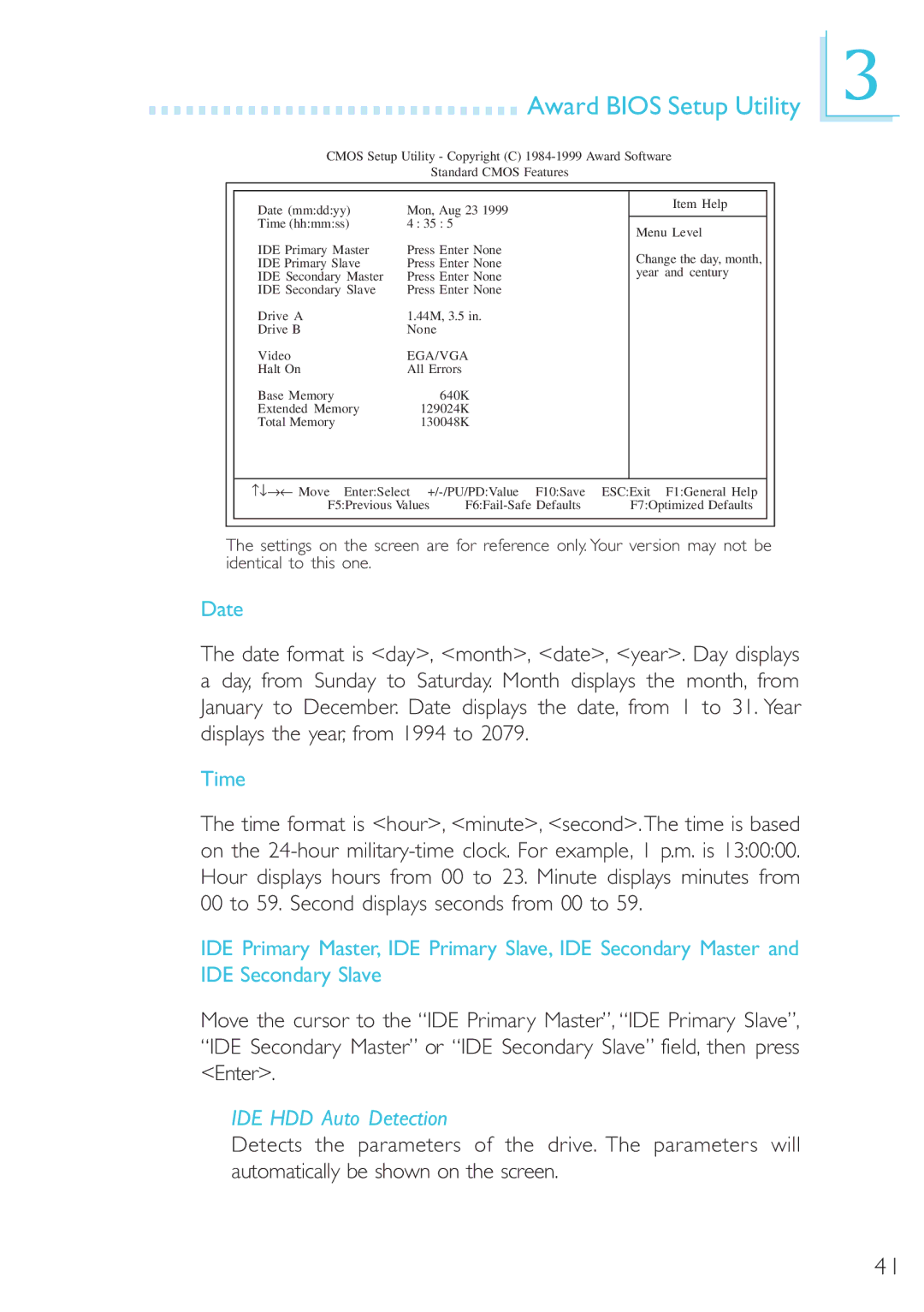 DFI 40800950 manual Date, Time, IDE HDD Auto Detection 