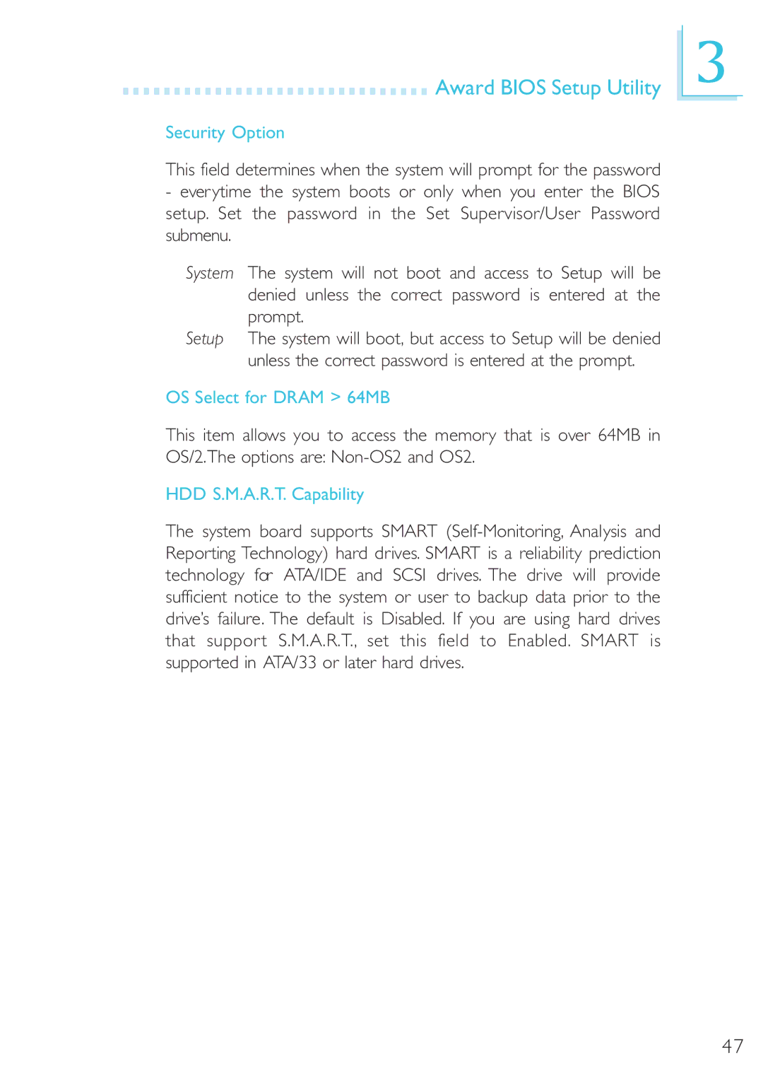 DFI 40800950 manual Security Option, OS Select for Dram 64MB, HDD S.M.A.R.T. Capability 