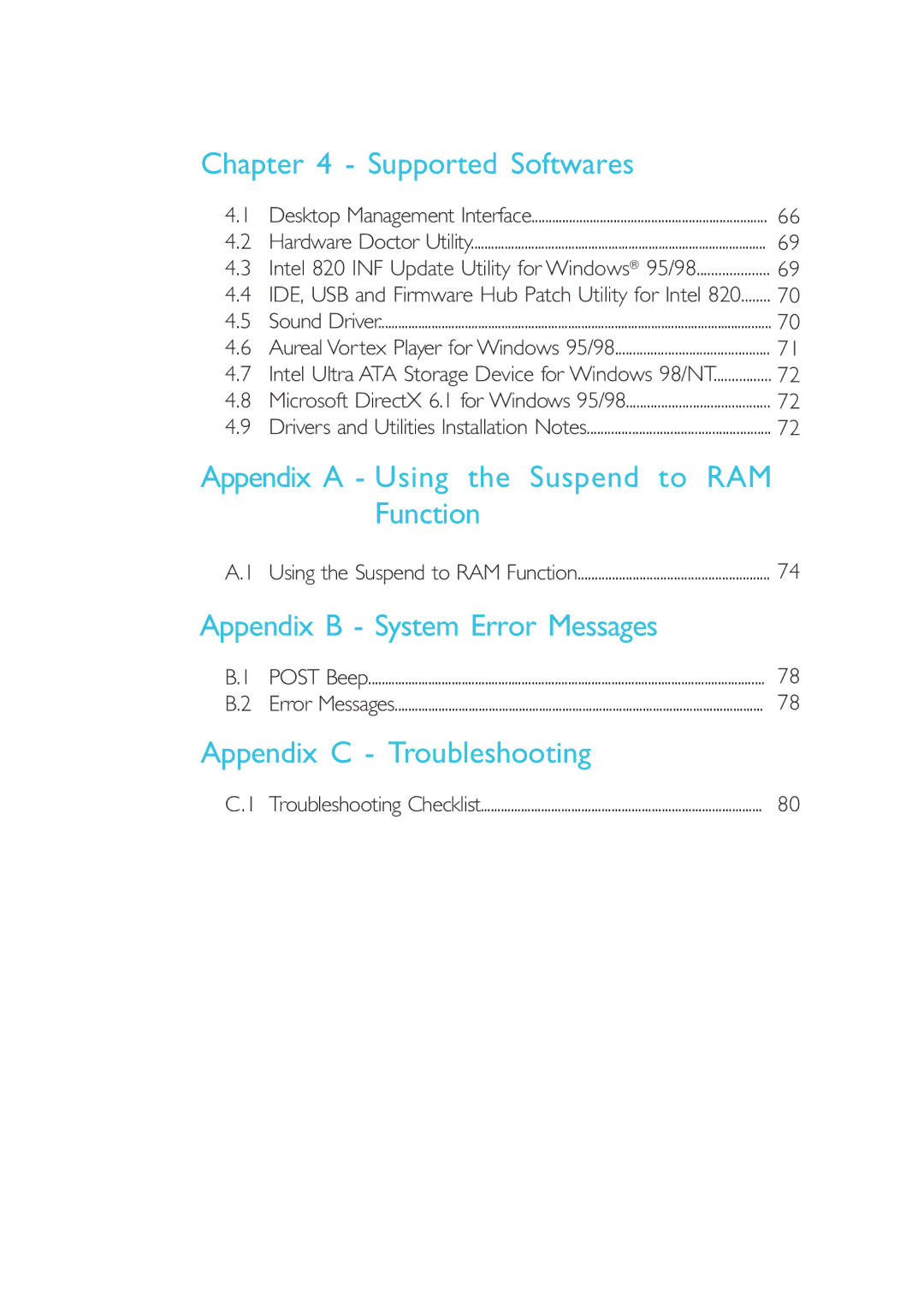 DFI 40800950 manual Supported Softwares, Appendix a Using the Suspend to RAM Function, Appendix B System Error Messages 