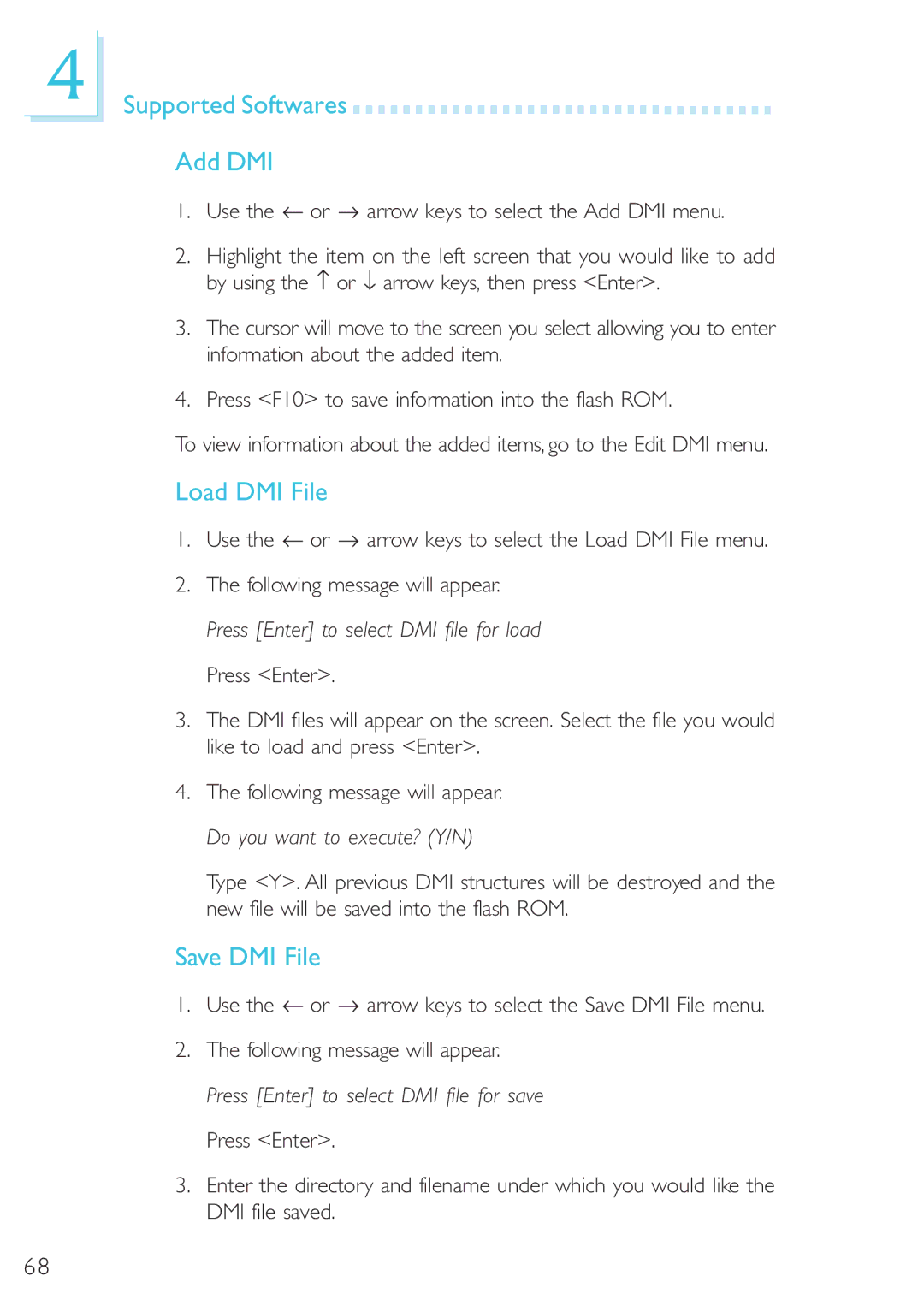 DFI 40800950 manual Supported Softwares Add DMI, Load DMI File, Save DMI File 