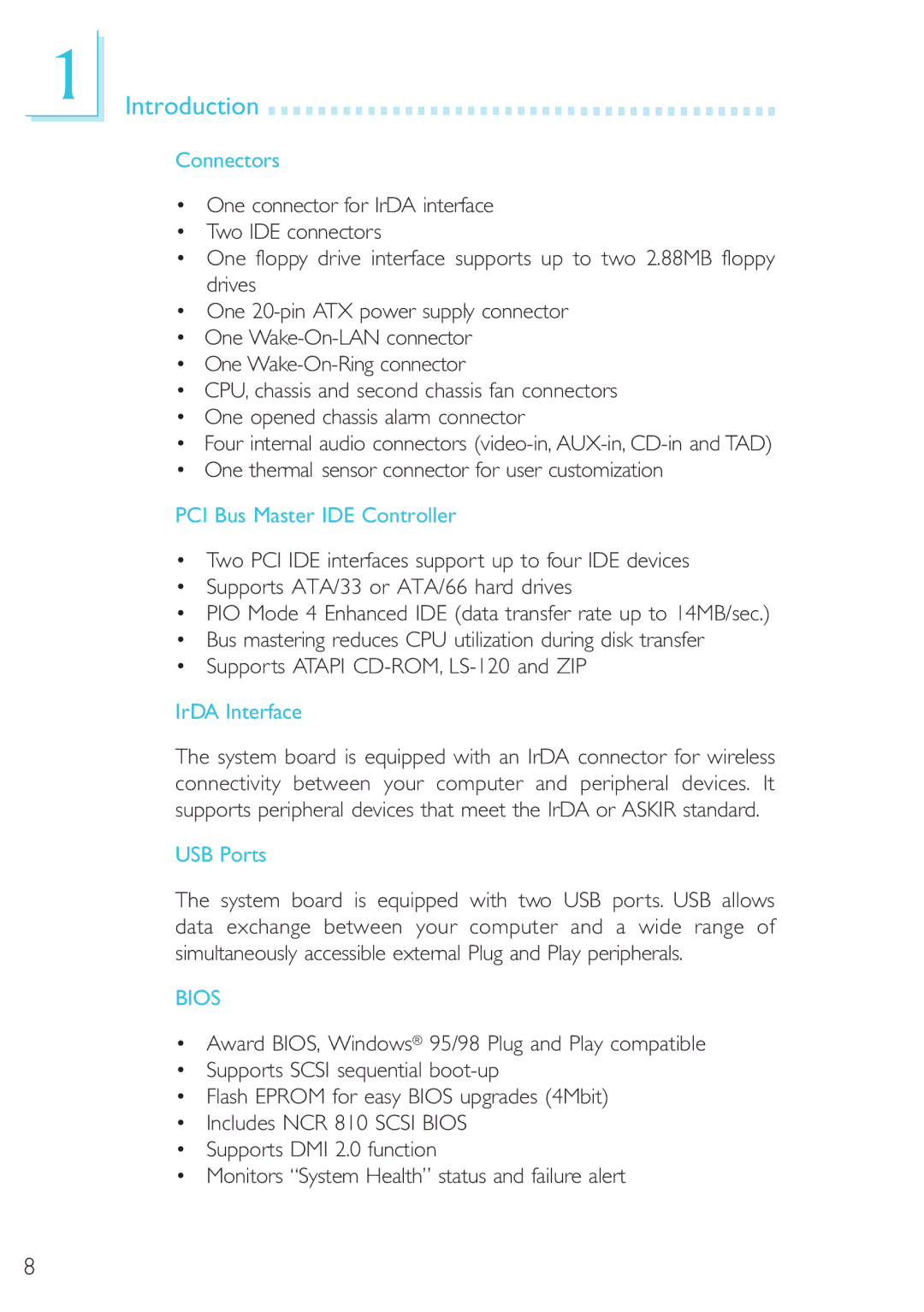 DFI 40800950 manual Connectors, PCI Bus Master IDE Controller, IrDA Interface, USB Ports 