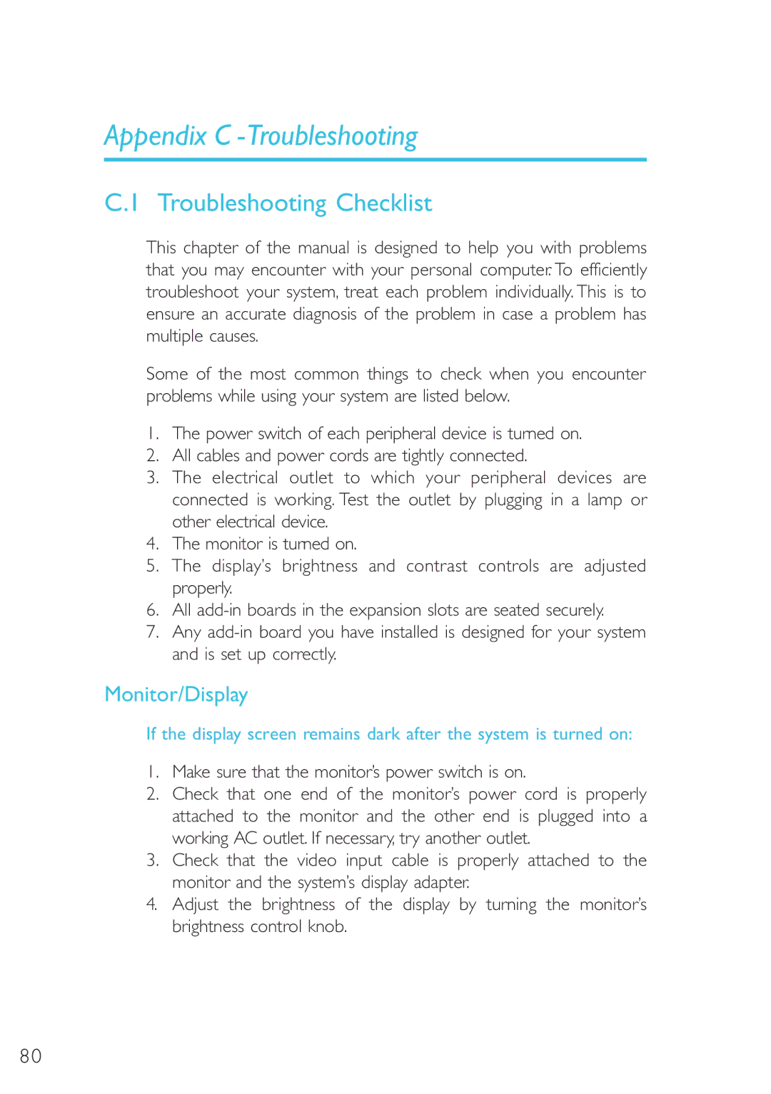 DFI 40800950 manual Troubleshooting Checklist, Monitor/Display 