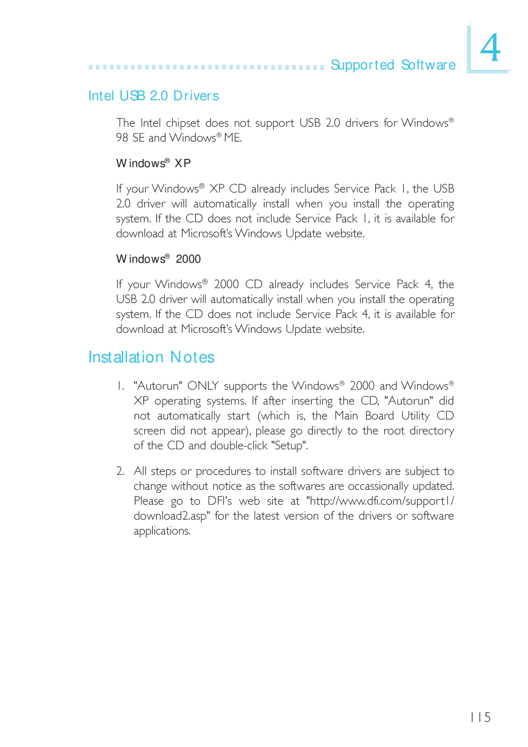 DFI 915GM-MIGF user manual Installation Notes, Supported Software Intel USB 2.0 Drivers, Windows 