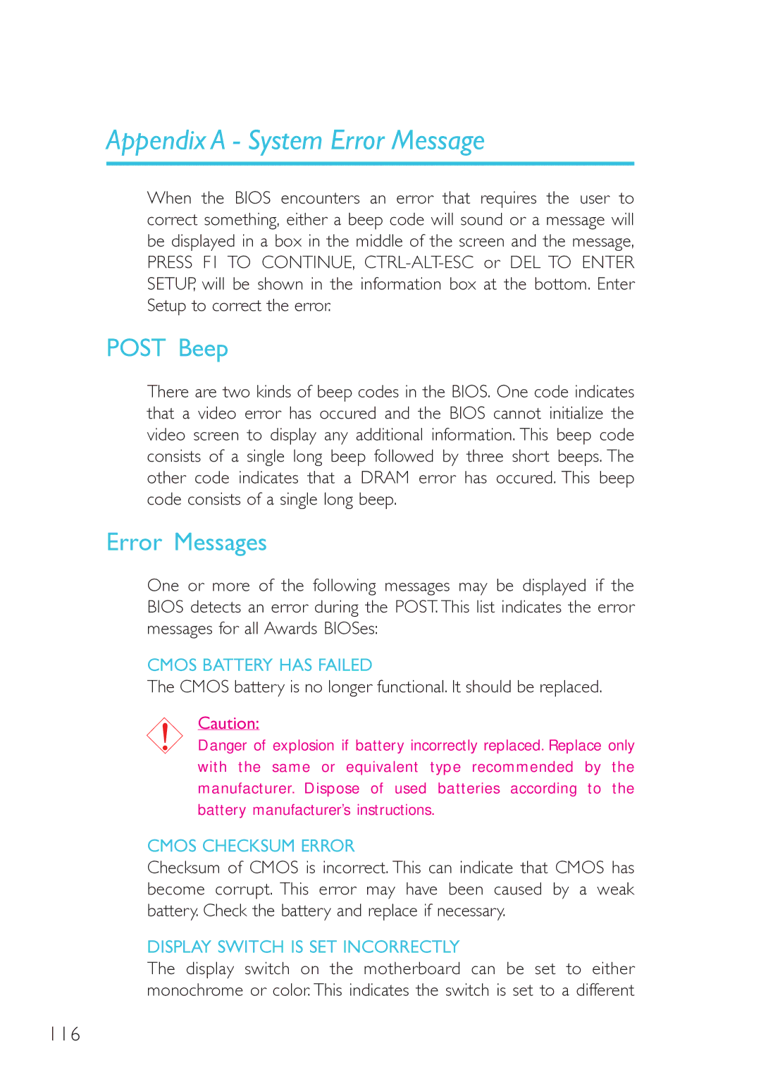 DFI 915GM-MIGF user manual Post Beep, Error Messages, System Error Message 