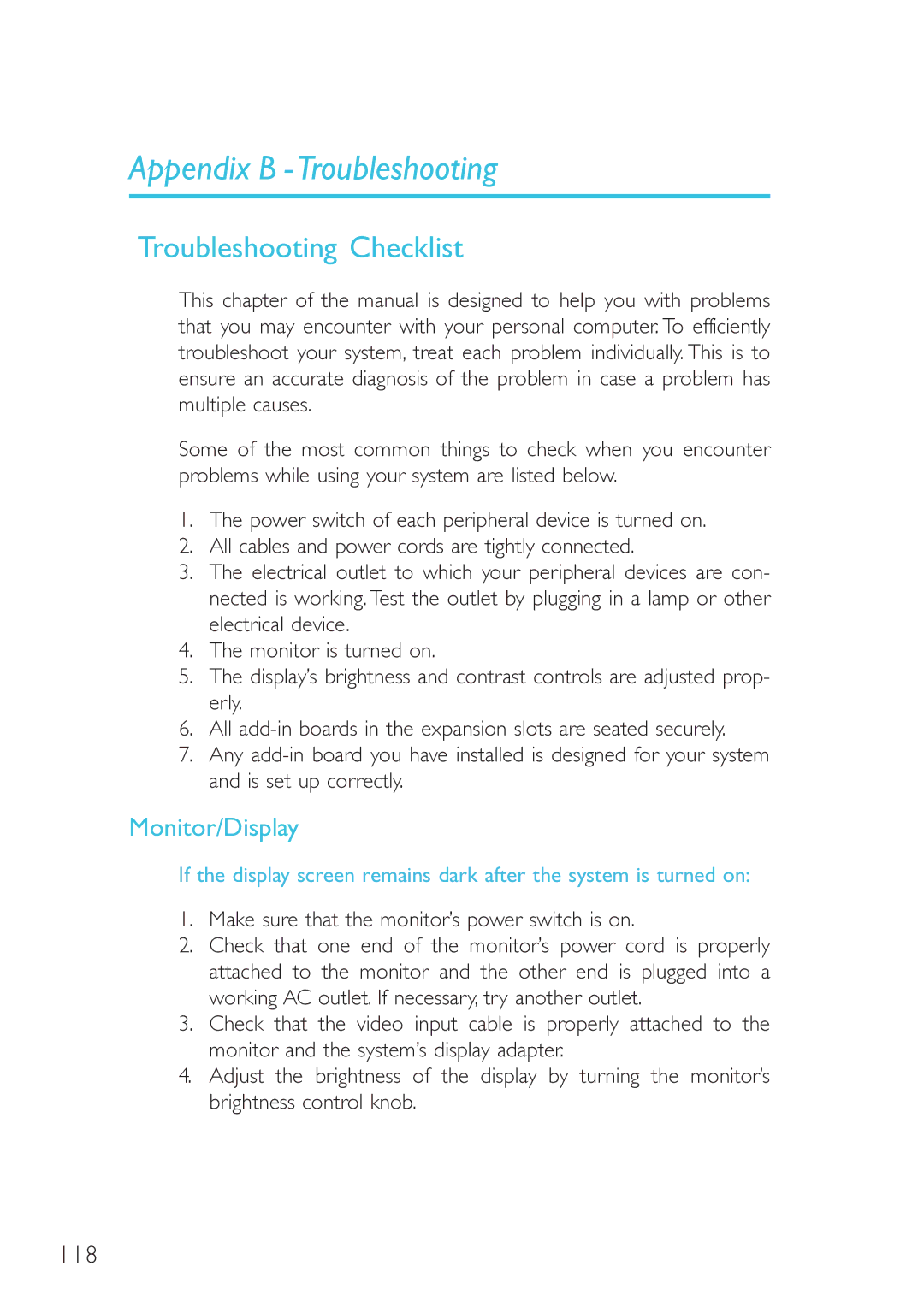 DFI 915GM-MIGF user manual Troubleshooting Checklist, Monitor/Display, Make sure that the monitor’s power switch is on 