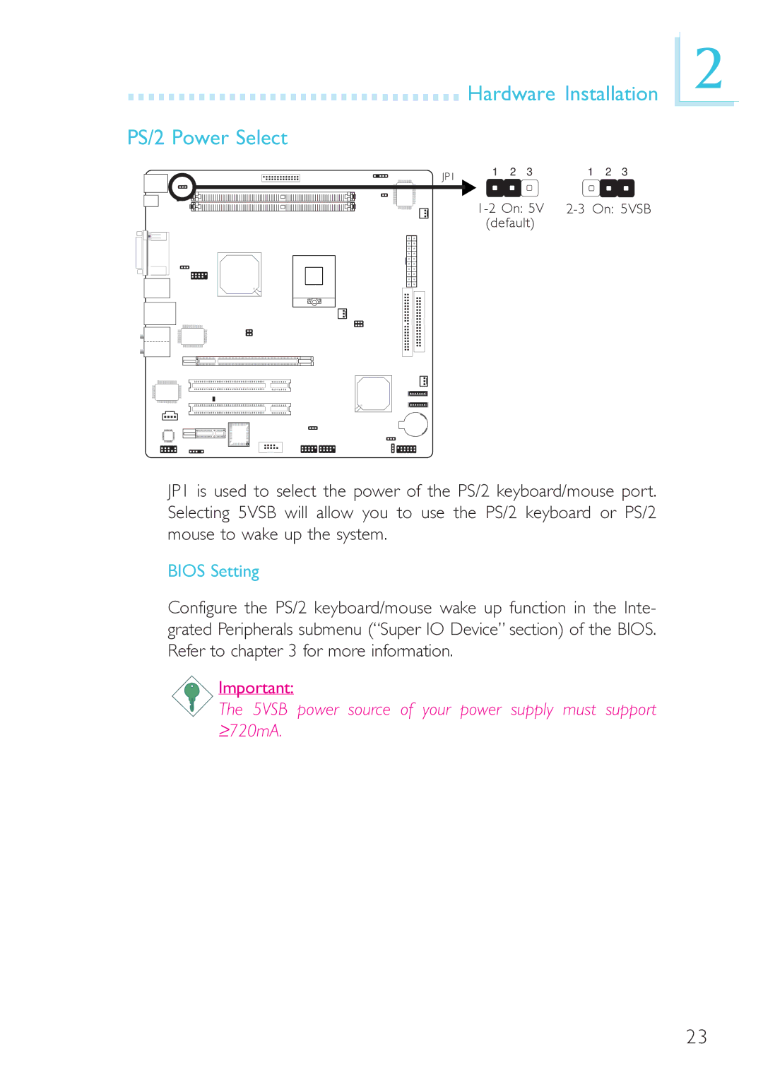 DFI 915GM-MIGF user manual Hardware Installation PS/2 Power Select, Bios Setting 