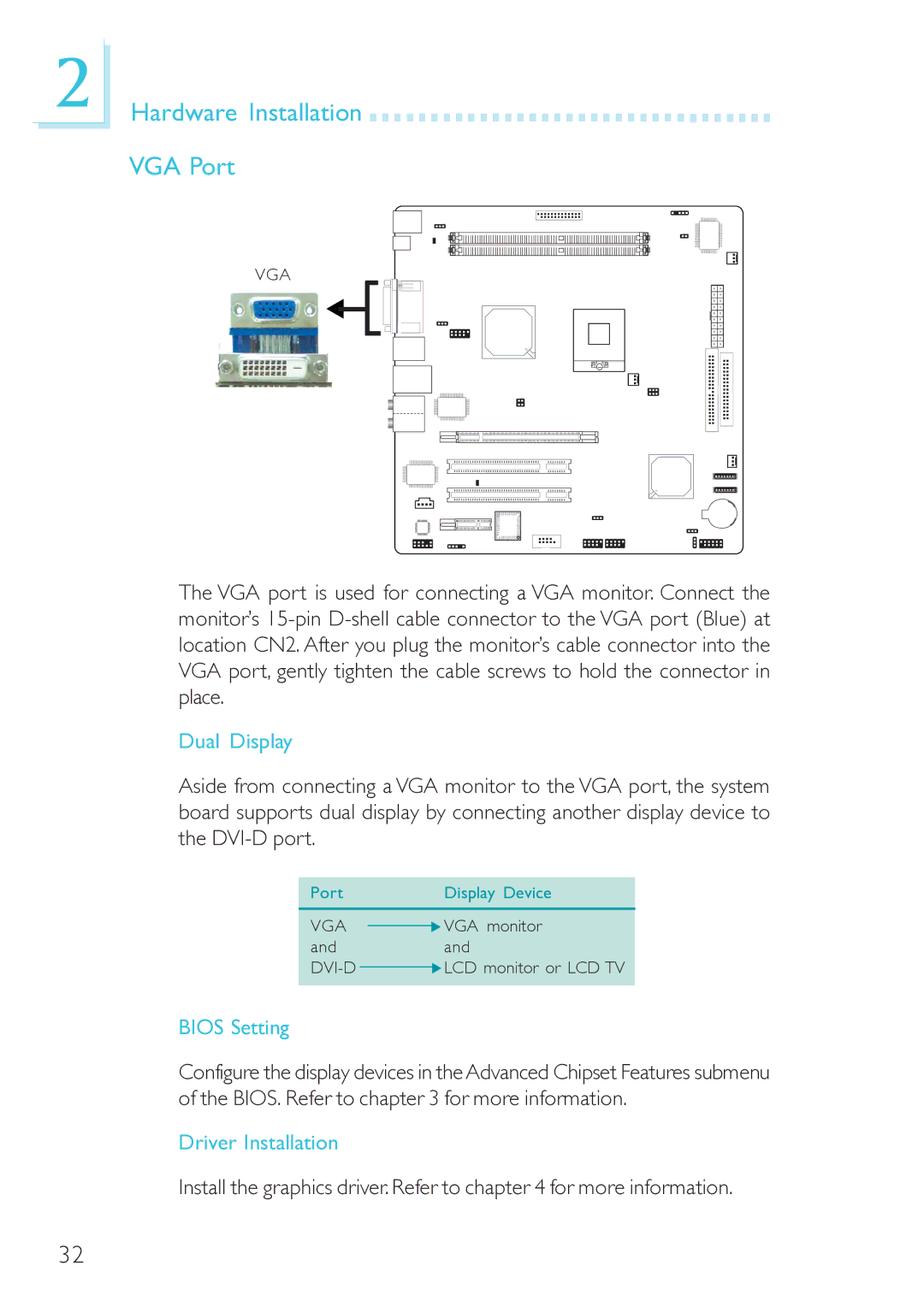 DFI 915GM-MIGF user manual Hardware Installation VGA Port, Dual Display, Driver Installation 