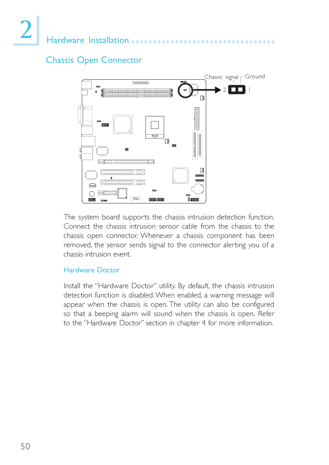 DFI 915GM-MIGF user manual Hardware Installation Chassis Open Connector, Hardware Doctor 