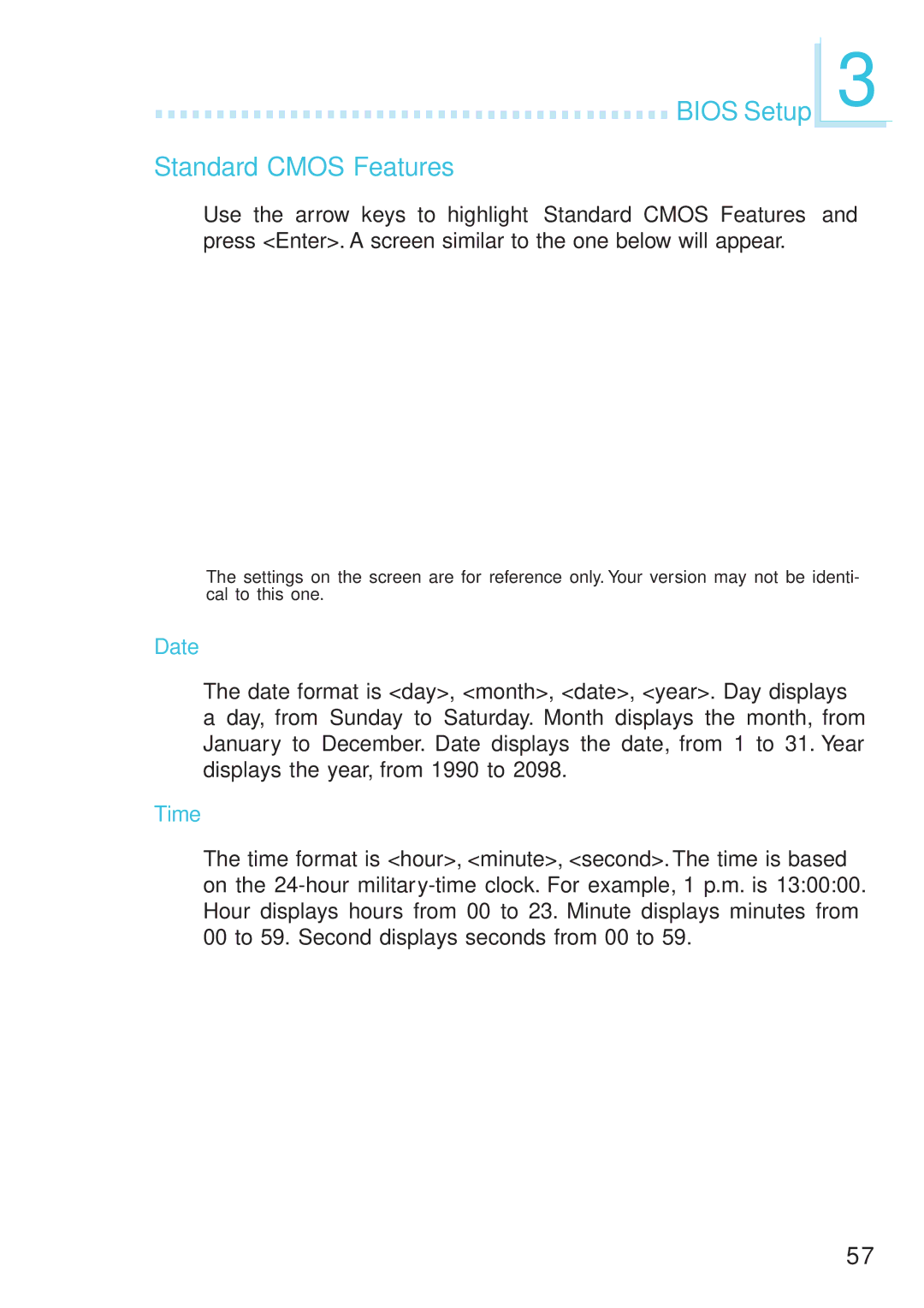 DFI 915GM-MIGF user manual Bios Setup Standard Cmos Features, Date, Time 