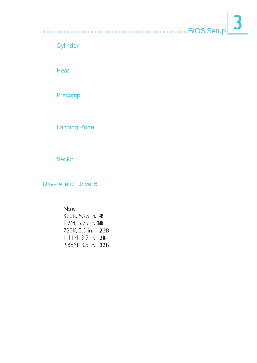 DFI 915GM-MIGF user manual Cylinder, Head, Precomp, Landing Zone, Sector, Drive a and Drive B 