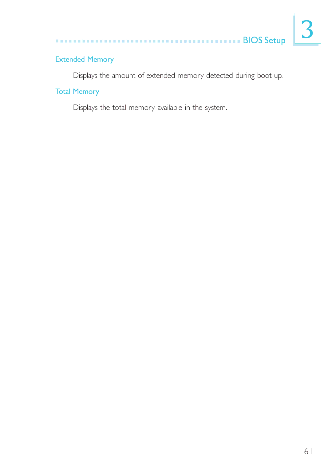 DFI 915GM-MIGF user manual Extended Memory, Total Memory, Displays the total memory available in the system 