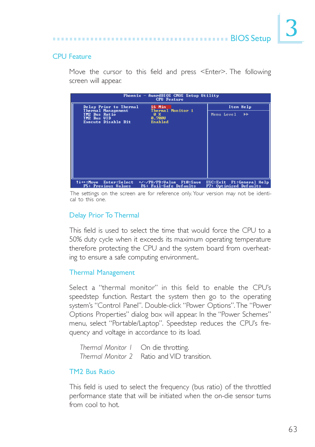 DFI 915GM-MIGF user manual CPU Feature, Delay Prior To Thermal, Thermal Management, TM2 Bus Ratio 