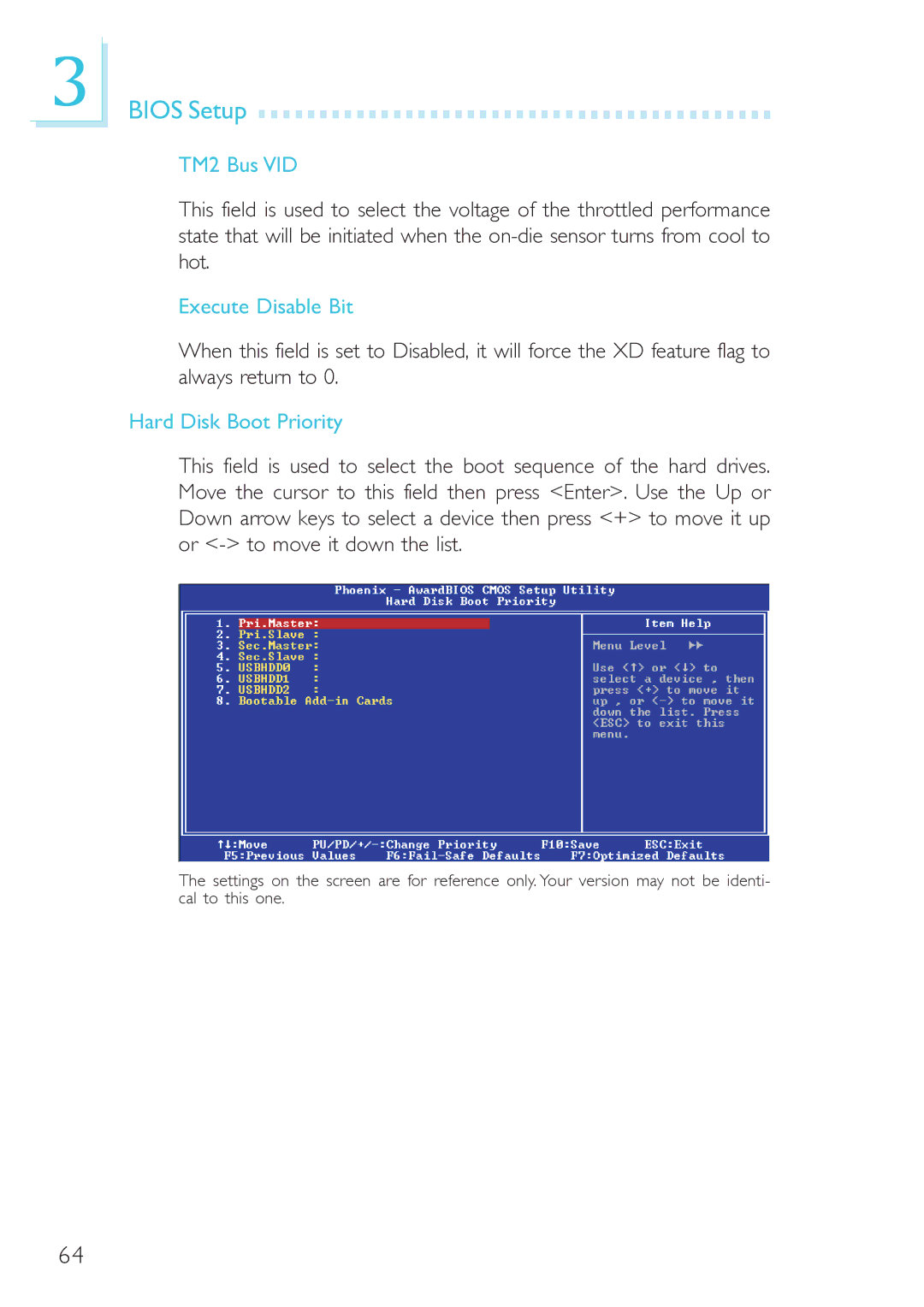 DFI 915GM-MIGF user manual TM2 Bus VID, Execute Disable Bit, Hard Disk Boot Priority 