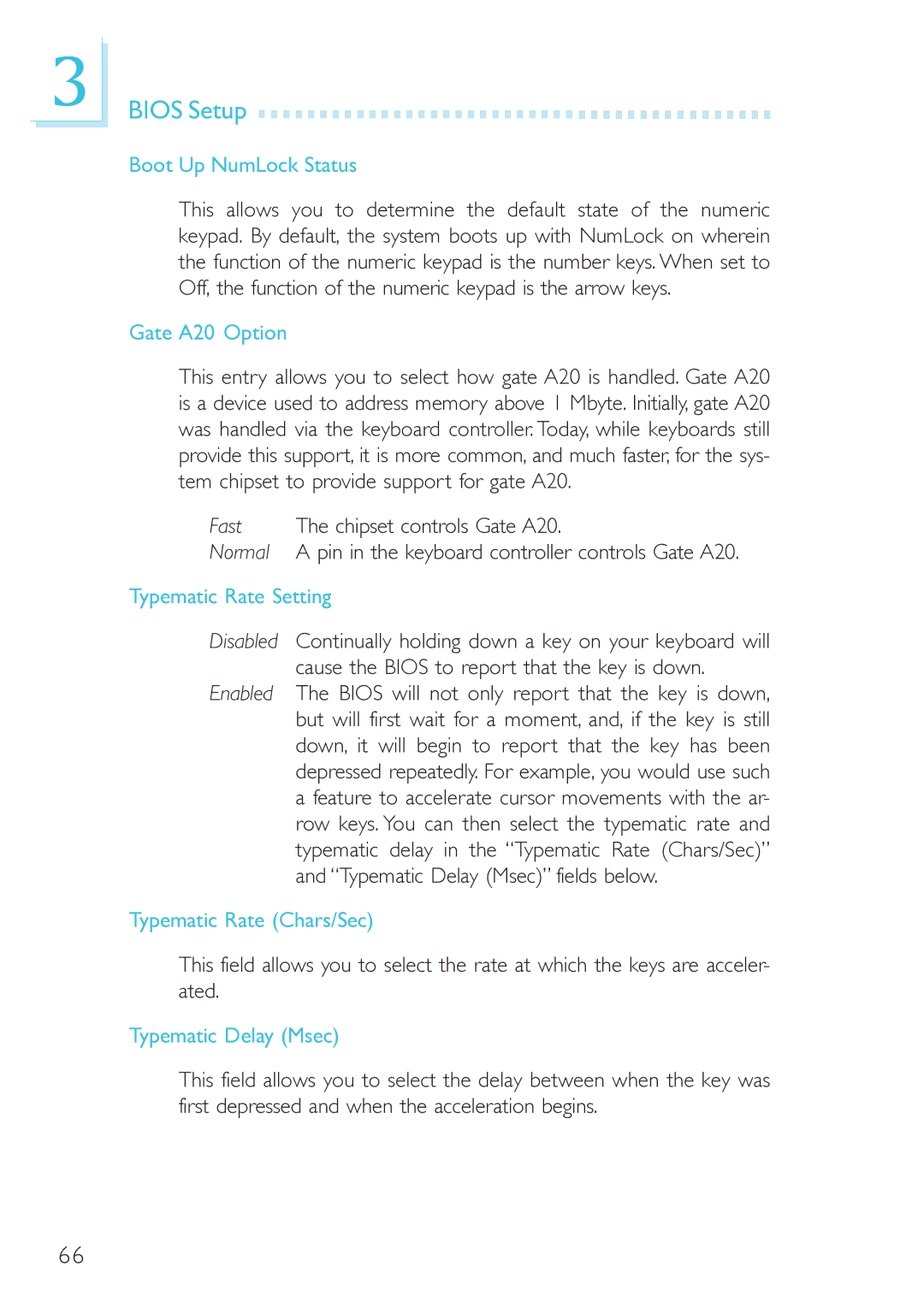 DFI 915GM-MIGF user manual Boot Up NumLock Status, Gate A20 Option, Typematic Rate Setting, Typematic Rate Chars/Sec 