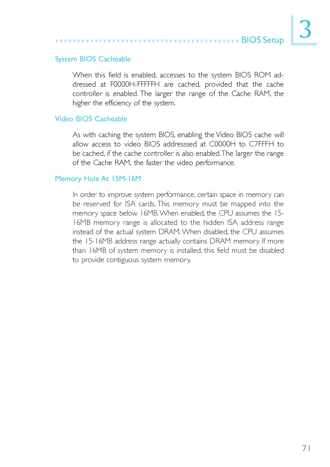 DFI 915GM-MIGF user manual System Bios Cacheable, Video Bios Cacheable, Memory Hole At 15M-16M 