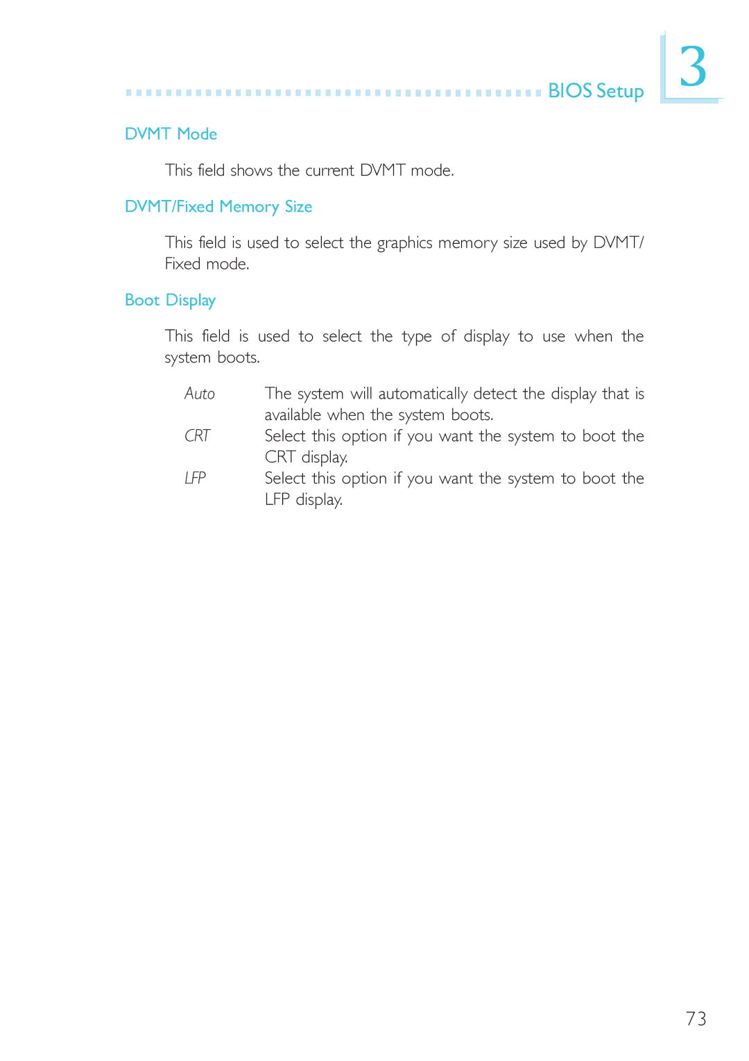 DFI 915GM-MIGF user manual Dvmt Mode, This field shows the current Dvmt mode, DVMT/Fixed Memory Size, Boot Display 