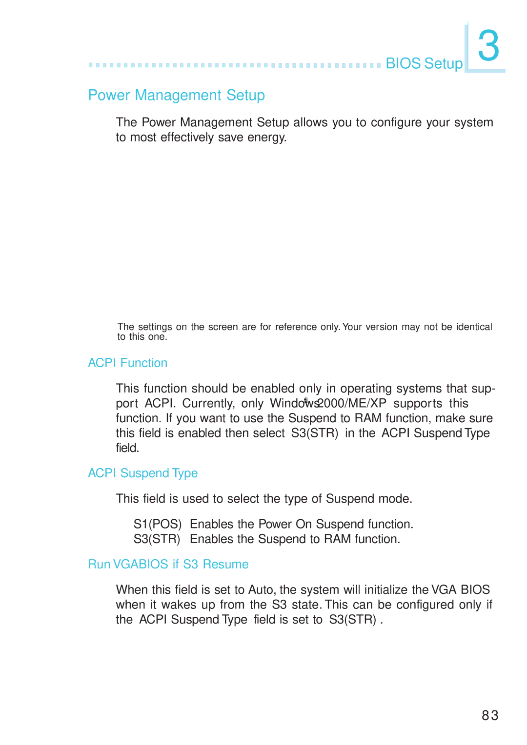 DFI 915GM-MIGF user manual Bios Setup Power Management Setup, Acpi Function, Acpi Suspend Type, Run Vgabios if S3 Resume 