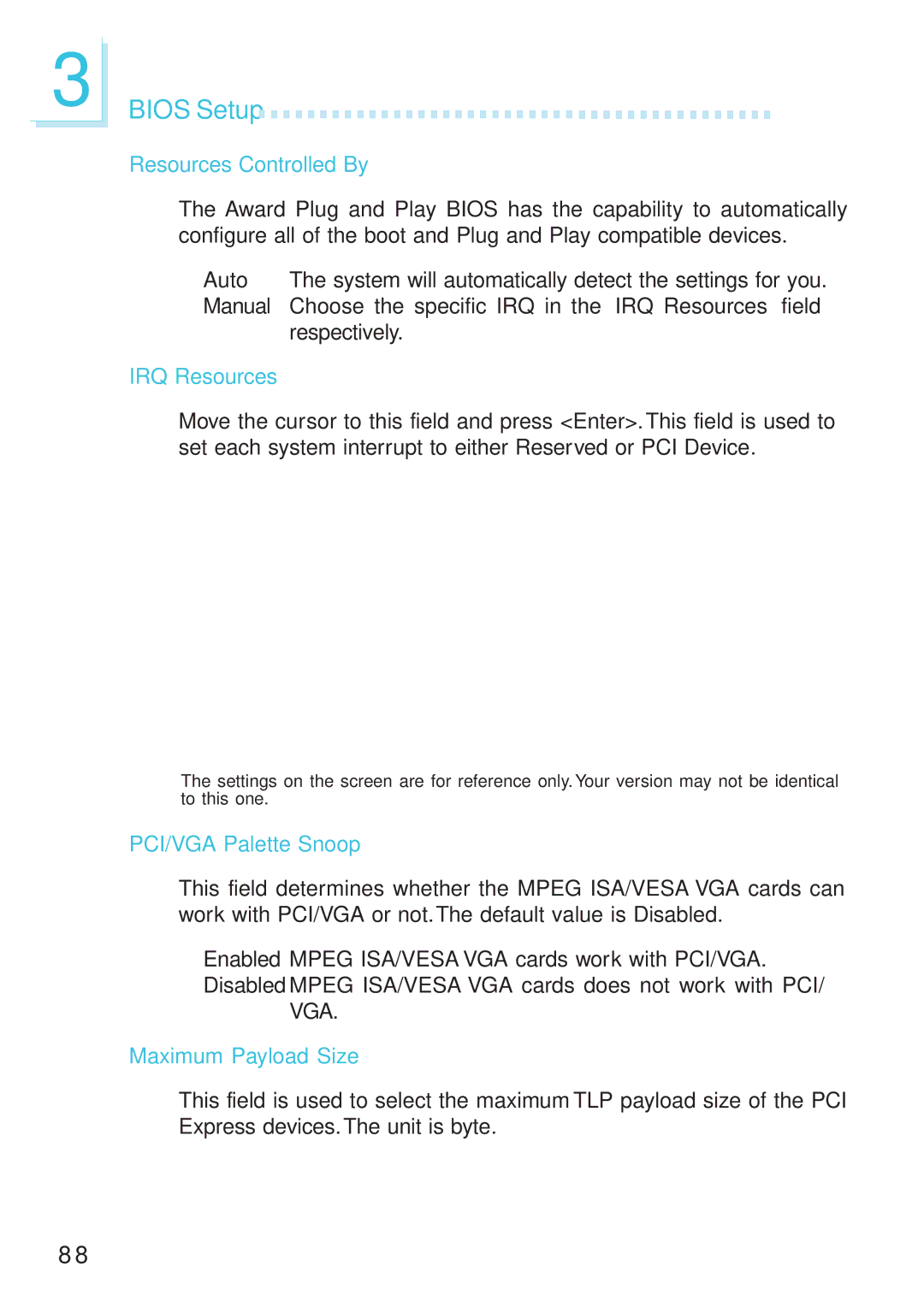 DFI 915GM-MIGF Resources Controlled By, Respectively, IRQ Resources, PCI/VGA Palette Snoop, Maximum Payload Size 