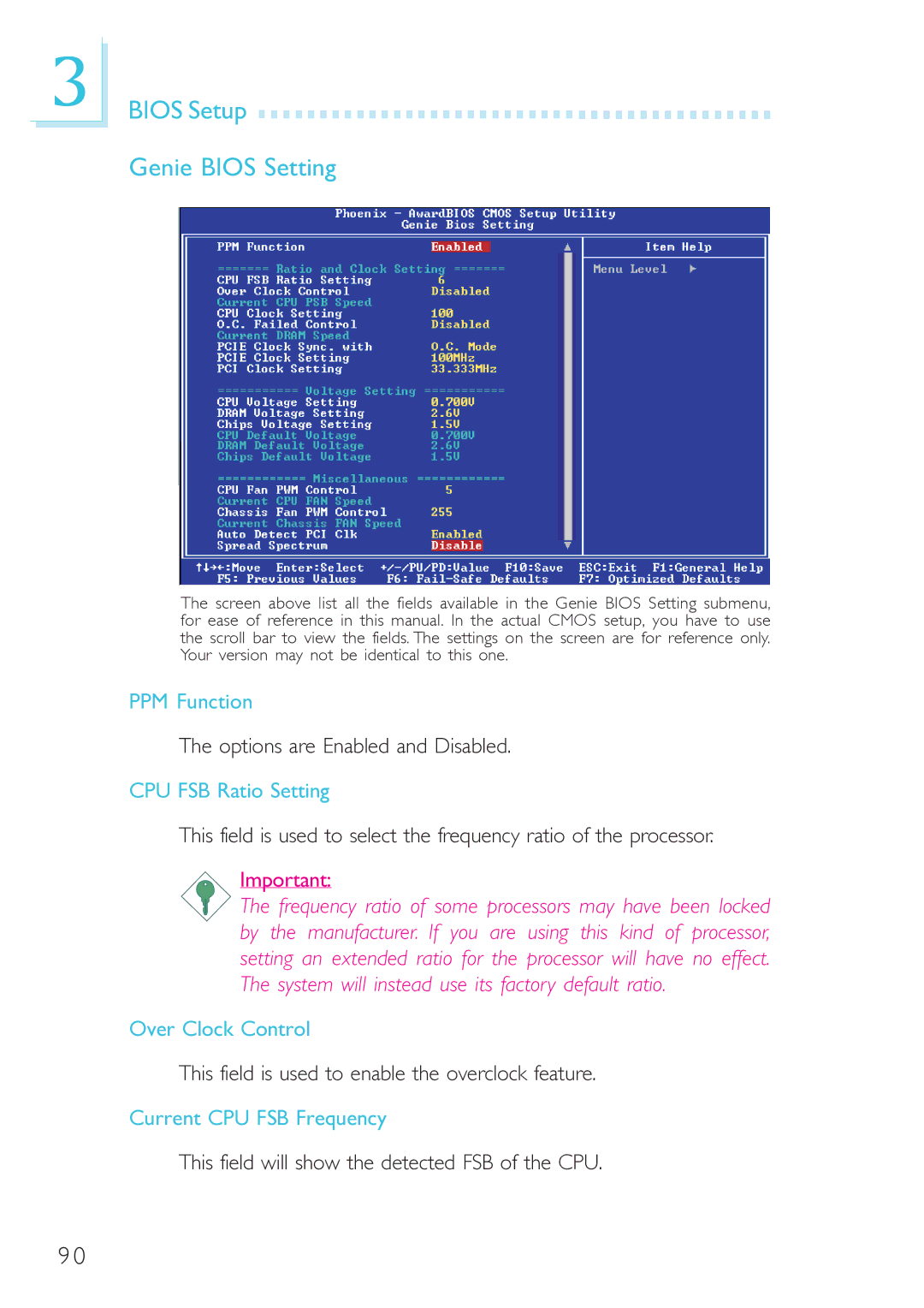 DFI 915GM-MIGF user manual Bios Setup Genie Bios Setting, PPM Function, CPU FSB Ratio Setting, Over Clock Control 