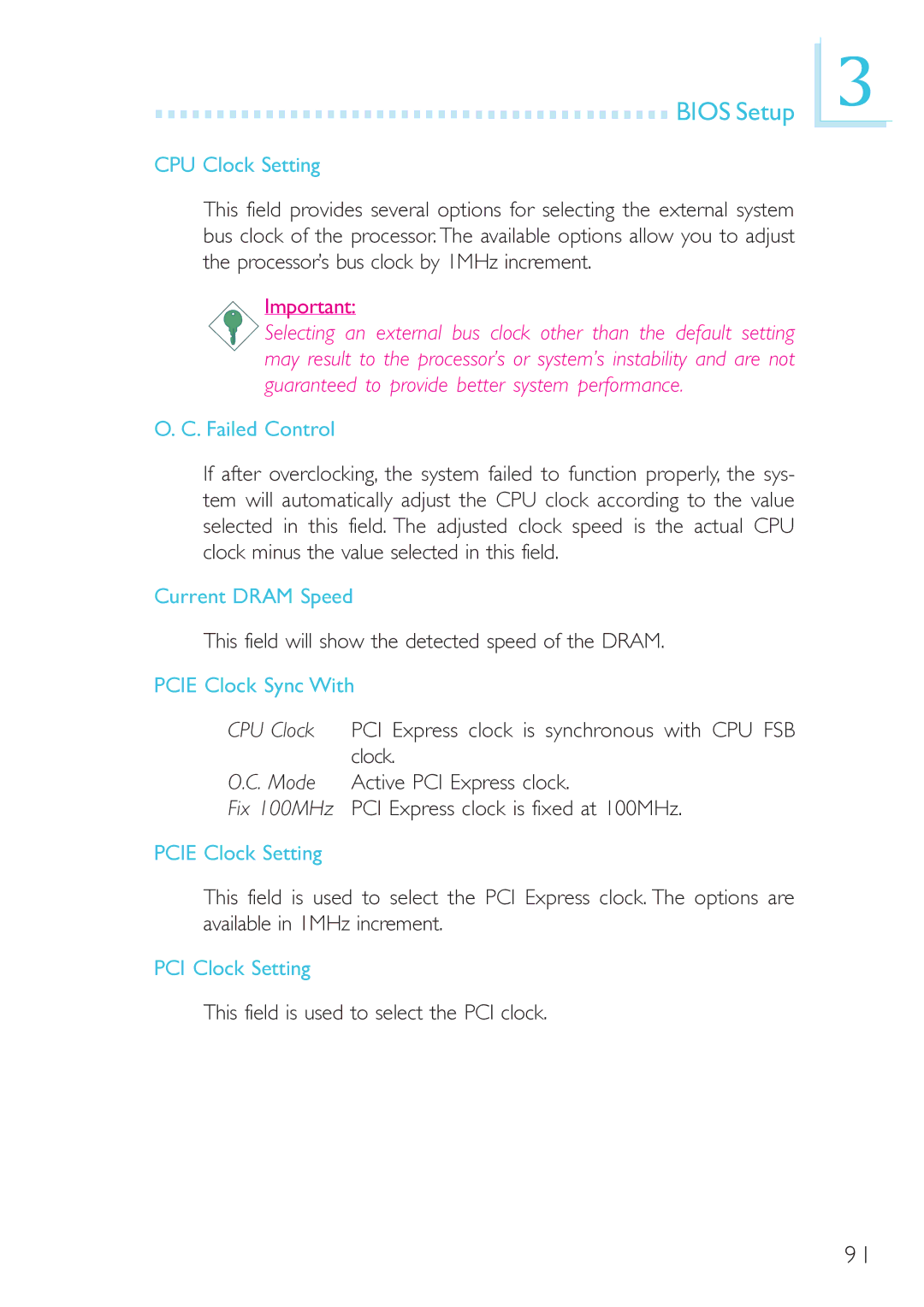DFI 915GM-MIGF user manual CPU Clock Setting, Failed Control, Current Dram Speed, Pcie Clock Sync With, Pcie Clock Setting 