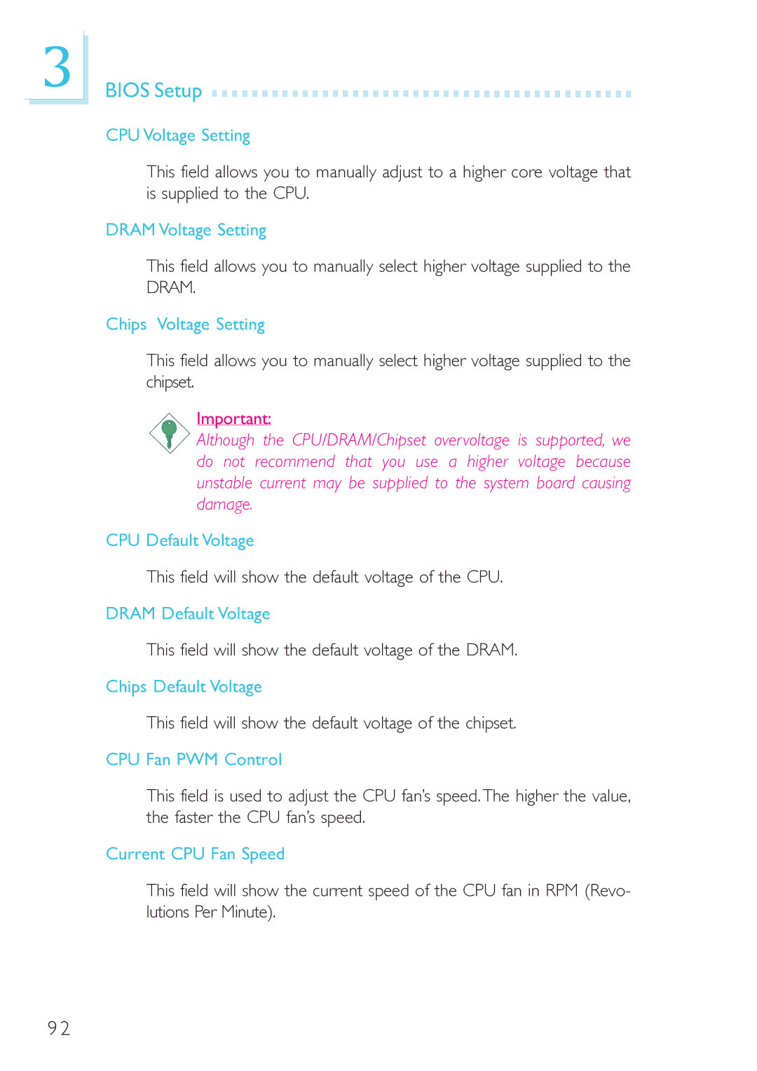 DFI 915GM-MIGF CPU Voltage Setting, Dram Voltage Setting, Chips Voltage Setting, CPU Default Voltage, Dram Default Voltage 