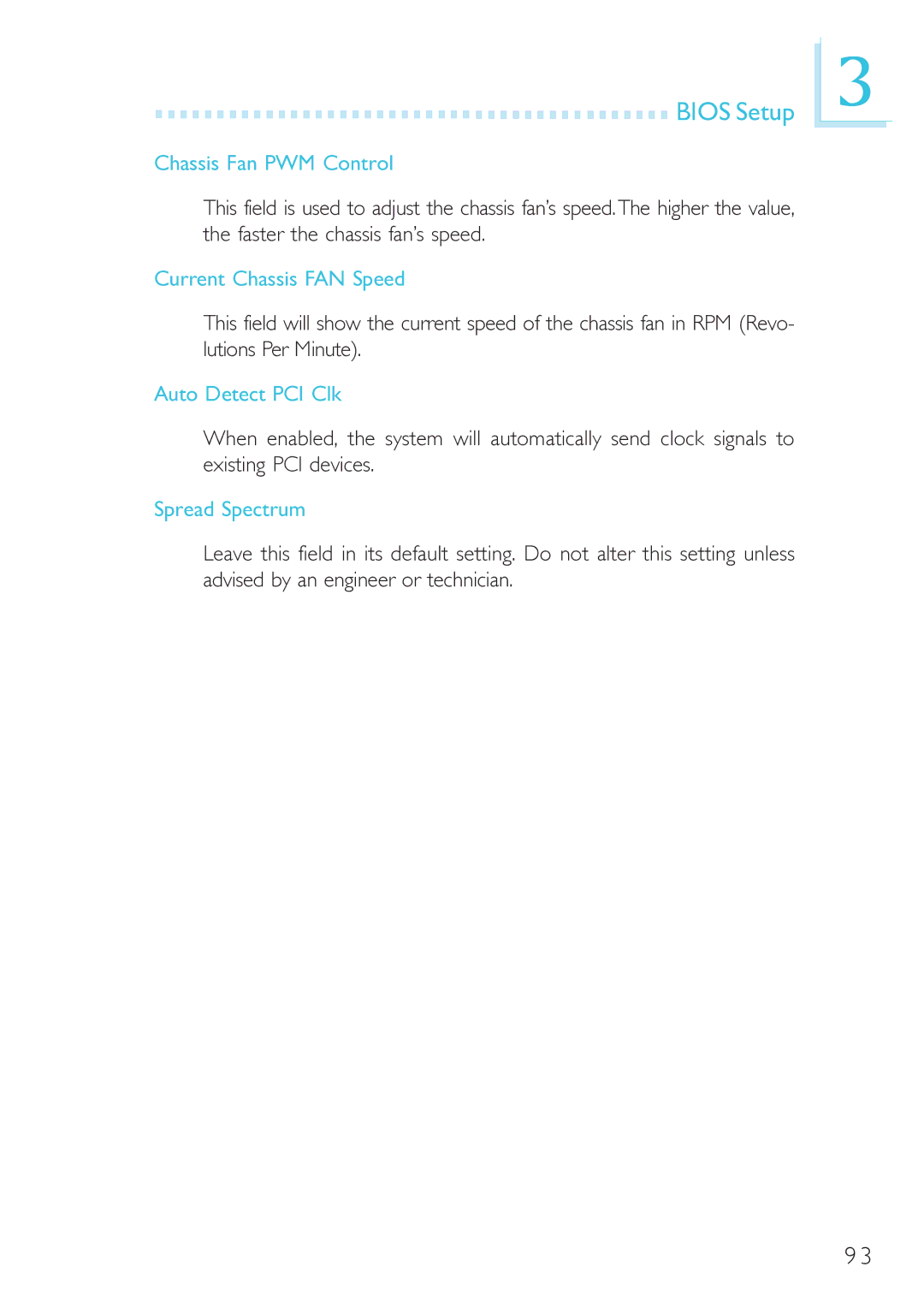 DFI 915GM-MIGF user manual Chassis Fan PWM Control, Current Chassis FAN Speed, Auto Detect PCI Clk, Spread Spectrum 