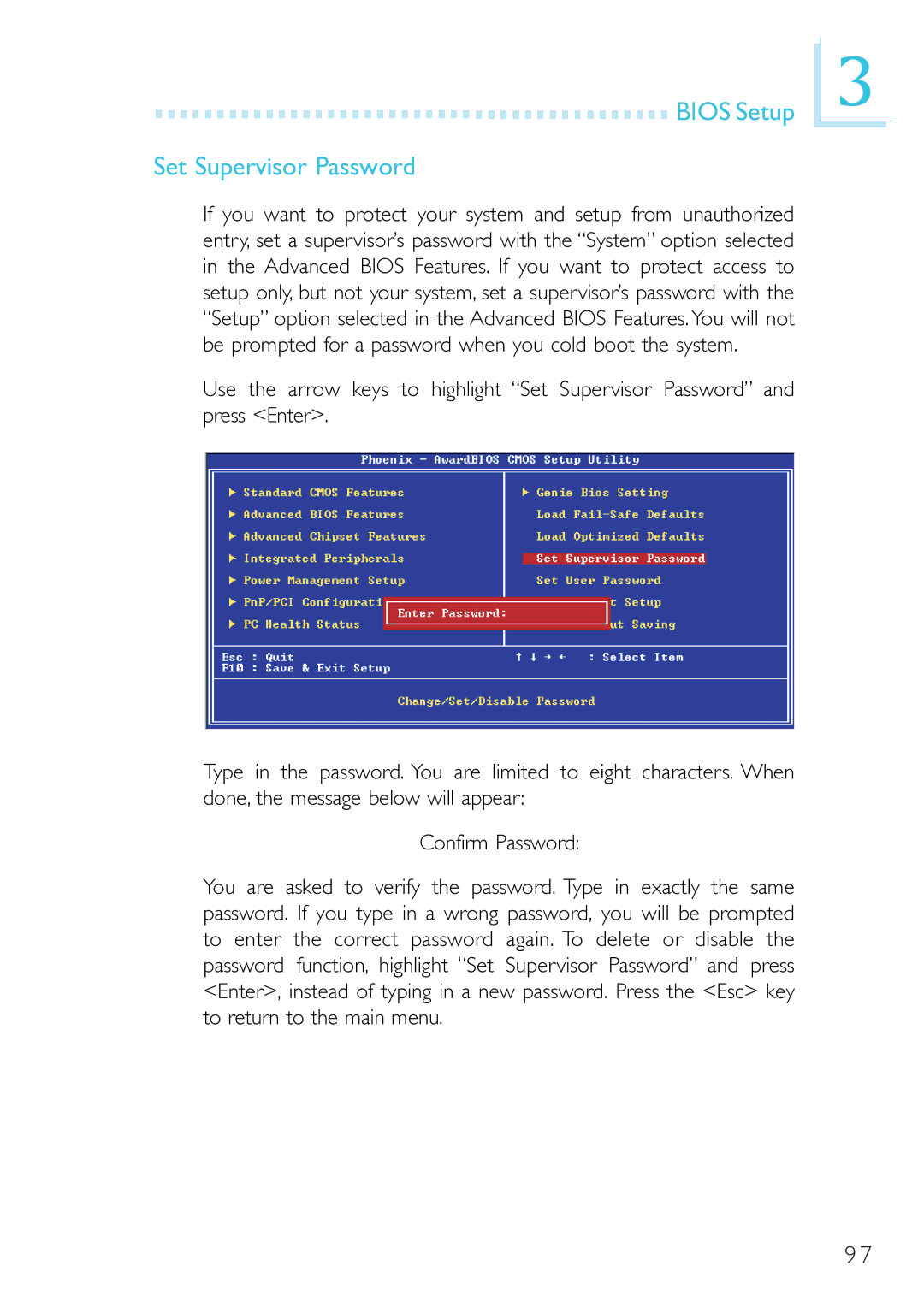 DFI 915GM-MIGF user manual Bios Setup Set Supervisor Password 