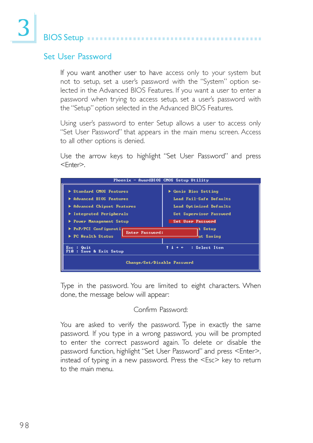 DFI 915GM-MIGF user manual Bios Setup Set User Password 