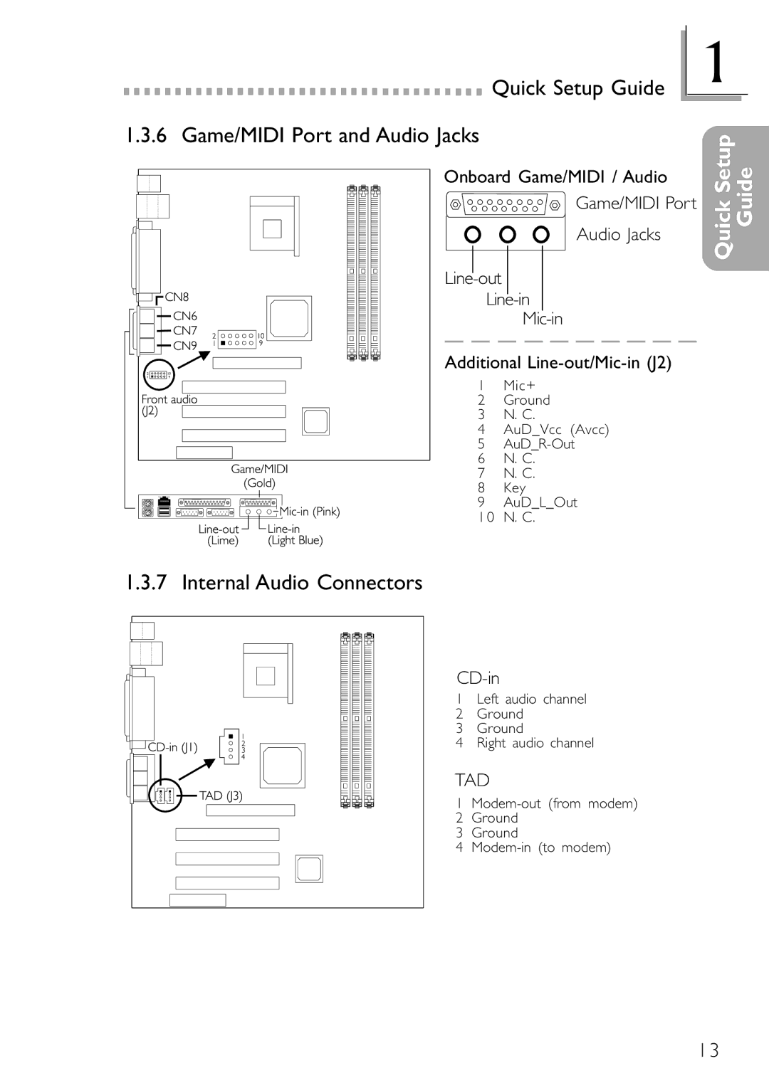 DFI NB32-SL, NB32-SC manual Quick Setup Guide Game/MIDI Port and Audio Jacks, Internal Audio Connectors, CD-in 