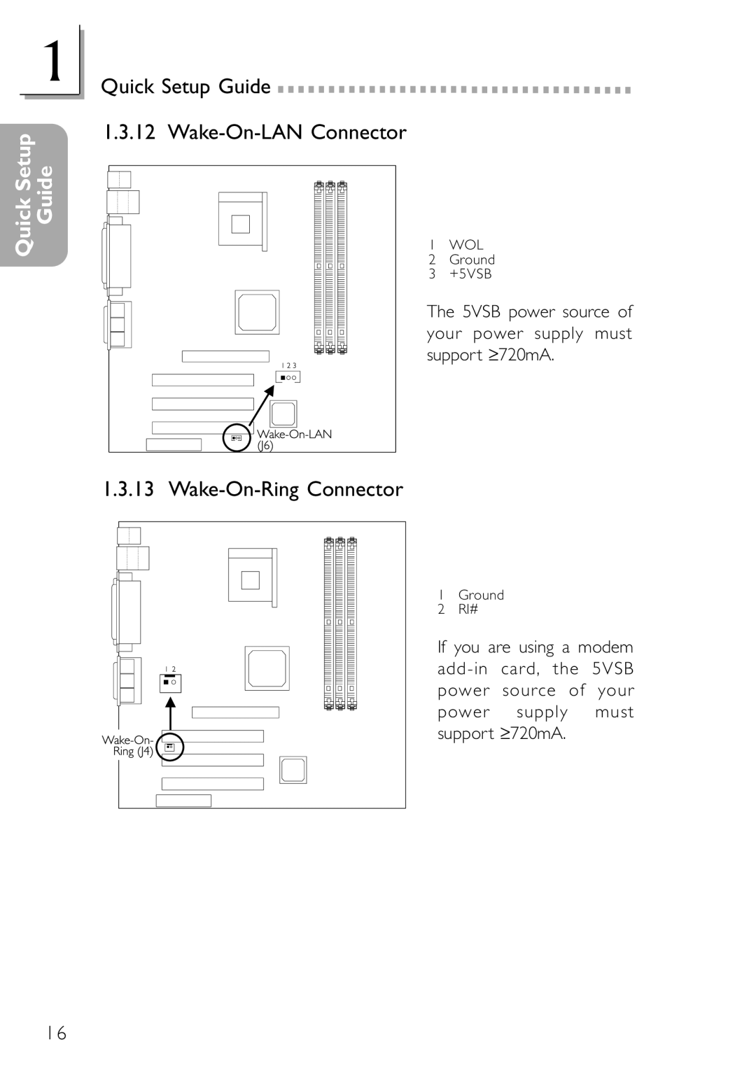 DFI NB32-SC, NB32-SL manual Wake-On-LAN Connector, Wake-On-Ring Connector, Your power Supply, 720mA 