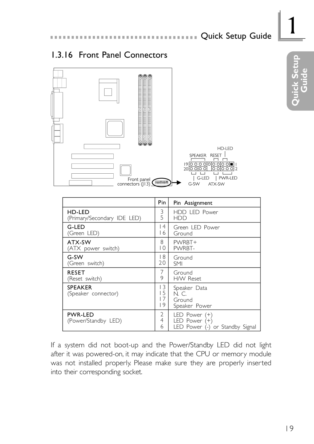 DFI NB32-SL, NB32-SC manual Quick Setup Guide Front Panel Connectors 