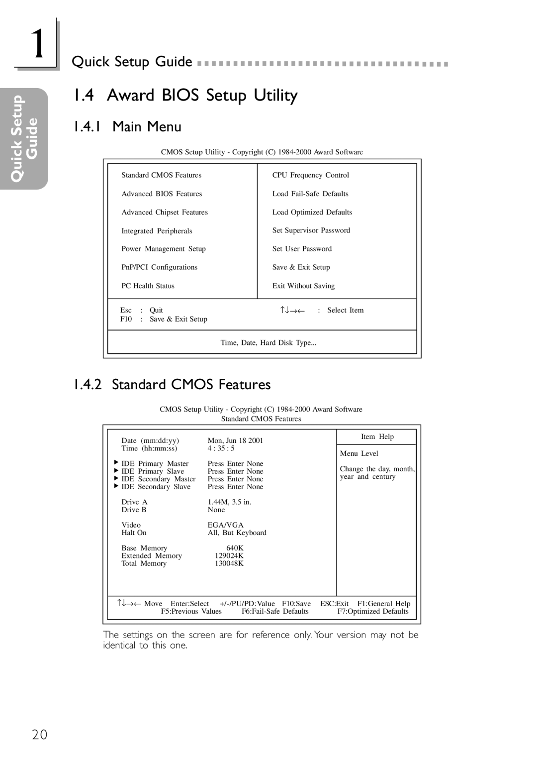 DFI NB32-SC, NB32-SL manual Award Bios Setup Utility, Main Menu, Standard Cmos Features 