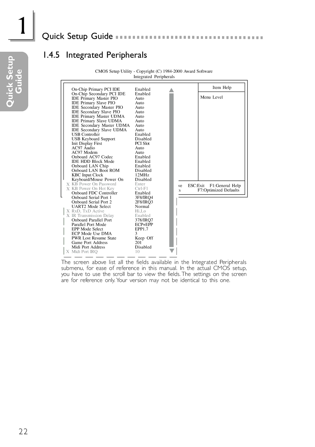 DFI NB32-SC, NB32-SL manual Quick Setup Guide Integrated Peripherals, KB Power On Hot Key Ctrl-F1 