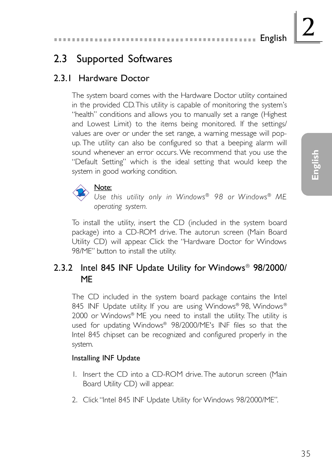 DFI NB32-SL, NB32-SC manual Supported Softwares, Hardware Doctor, Intel 845 INF Update Utility for Windows 98/2000 