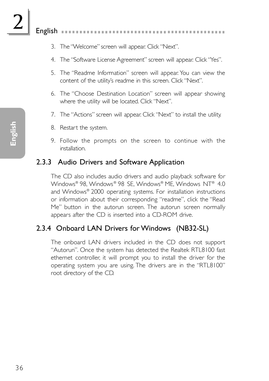 DFI NB32-SC manual Audio Drivers and Software Application, Onboard LAN Drivers for Windows NB32-SL 