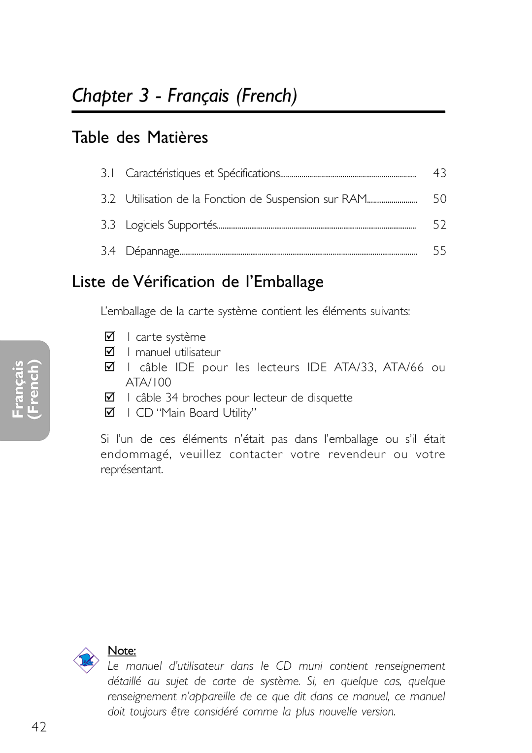 DFI NB32-SC, NB32-SL manual Table des Matières, Liste de Vérification de l’Emballage 