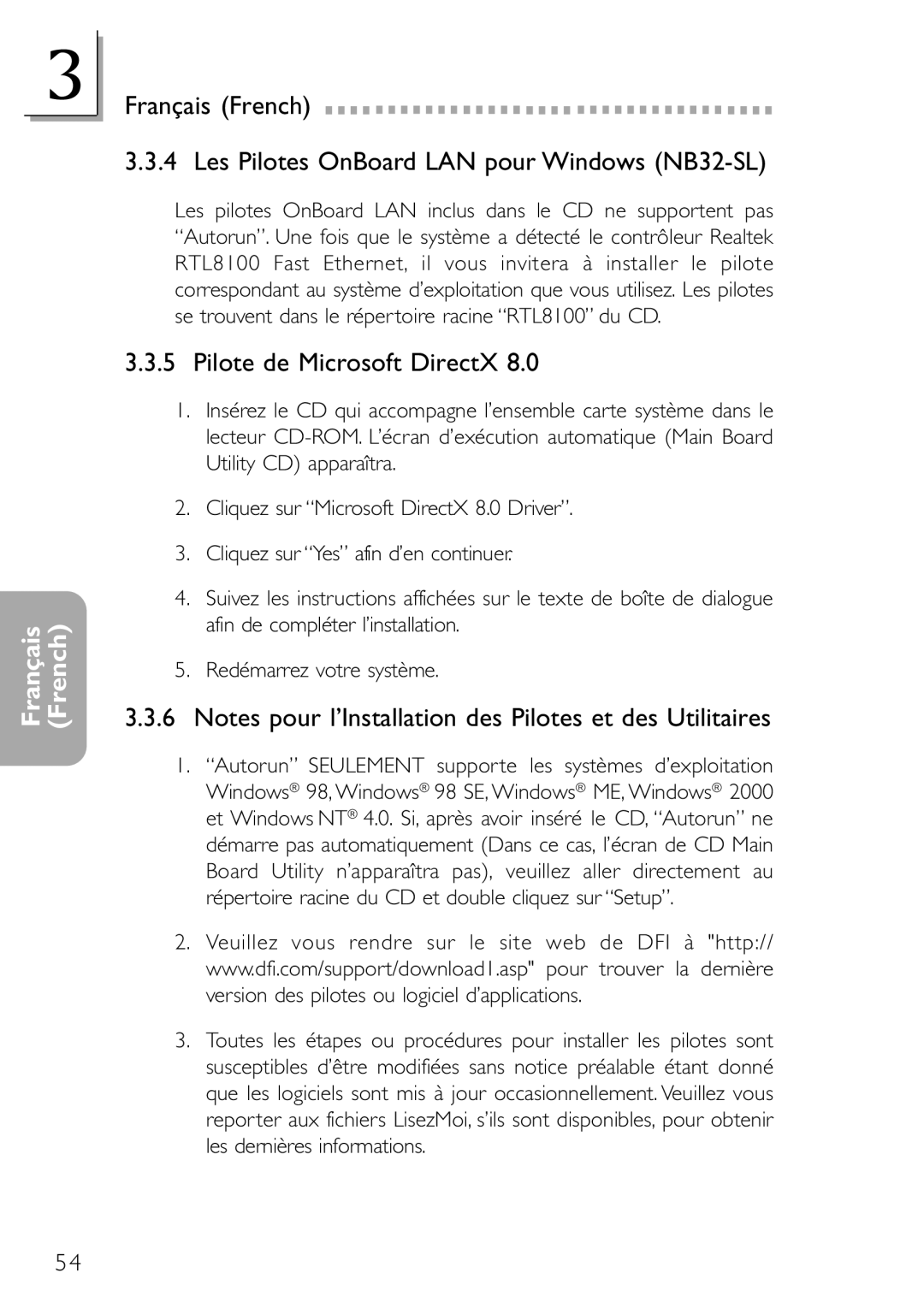 DFI NB32-SC manual Français French Les Pilotes OnBoard LAN pour Windows NB32-SL, Pilote de Microsoft DirectX 