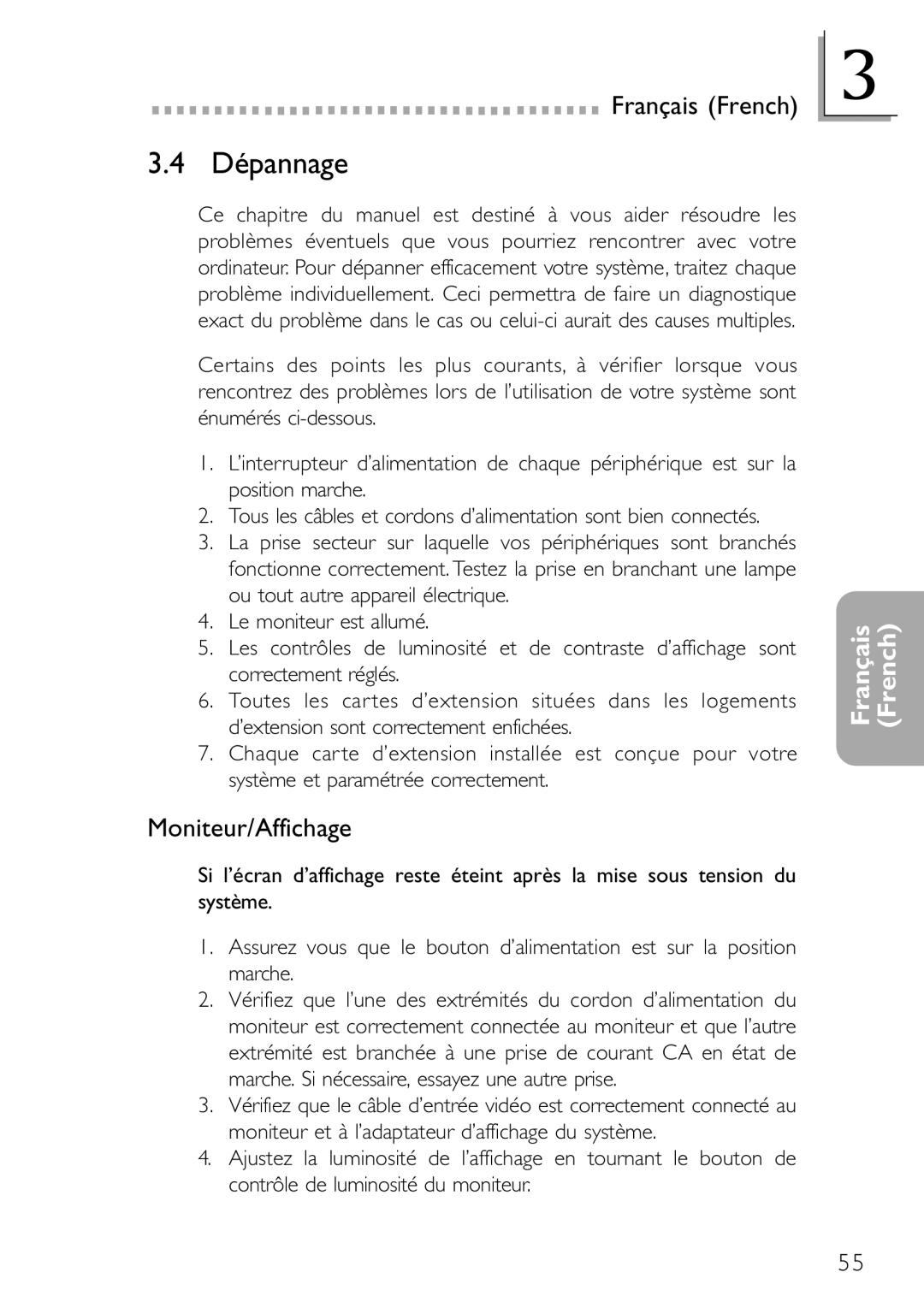 DFI NB32-SL, NB32-SC manual Dépannage, Moniteur/Affichage 