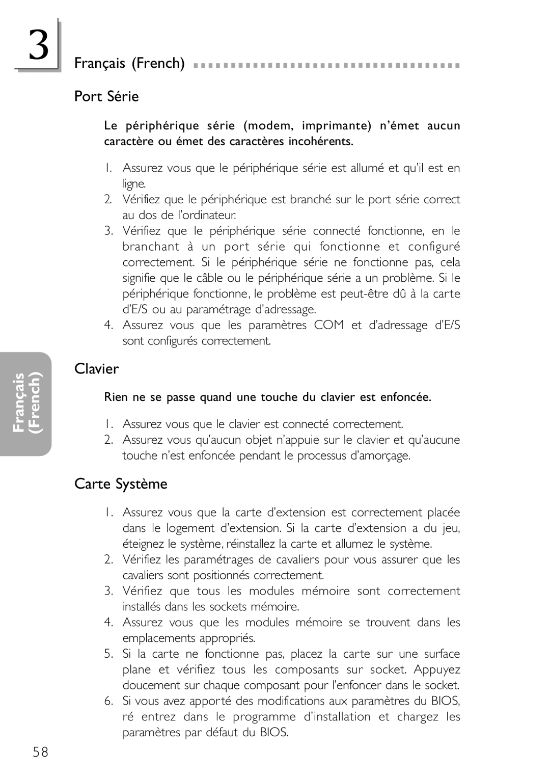 DFI NB32-SC, NB32-SL manual Français French Port Série, Clavier, Carte Système 